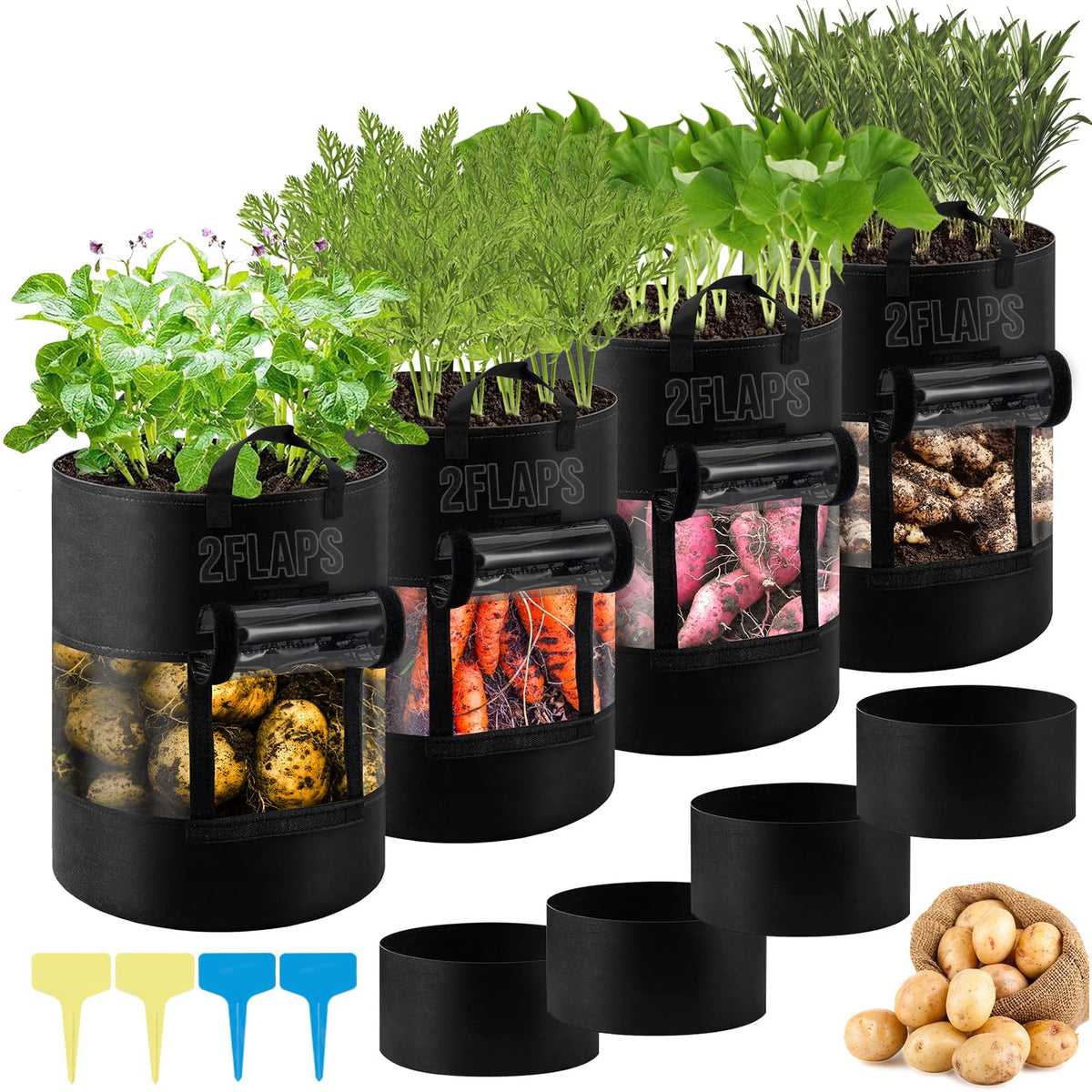 4 Pack 7 Gallon Black Potato Grow Bags With 360 Visible Flap Window,Thickened Potato Planter For Growing Potatoes,320G Heavy Dut