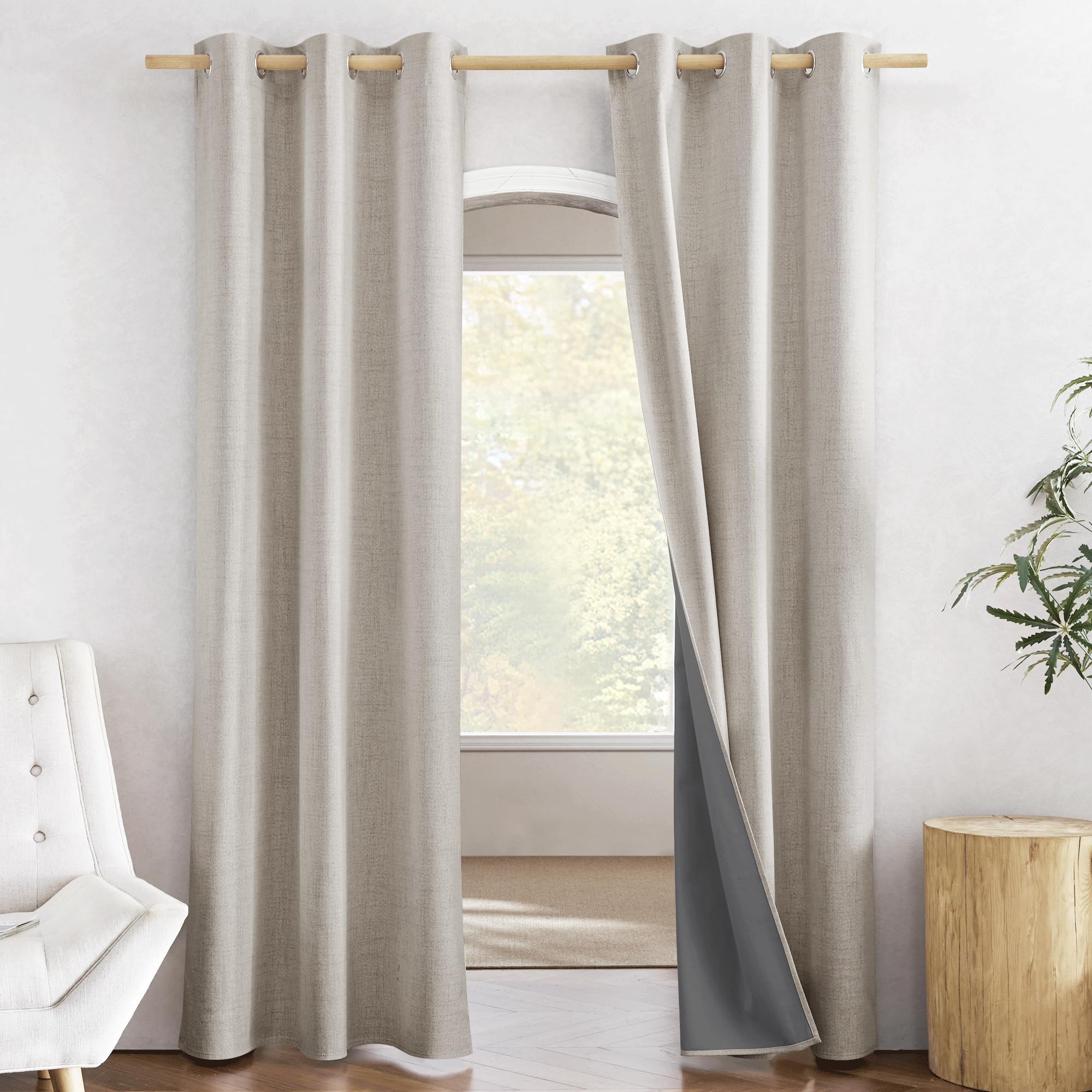 Nicetown Oatmeal Full Blackout Boho-Chic Linen Curtains 84 Inch Long 2 Panels Set For Cafe Window, 42 Inch Wide, Thick Linen Blend Drapes, Insulated Window Covers Draperies With White Backing