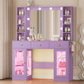 Wodeer Makeup Vanity Desk with Mirror and Lights, Purple Vanity with Glass Top, LED Lights & Power Outlet, 3 Drawers & 2 RGB Gla
