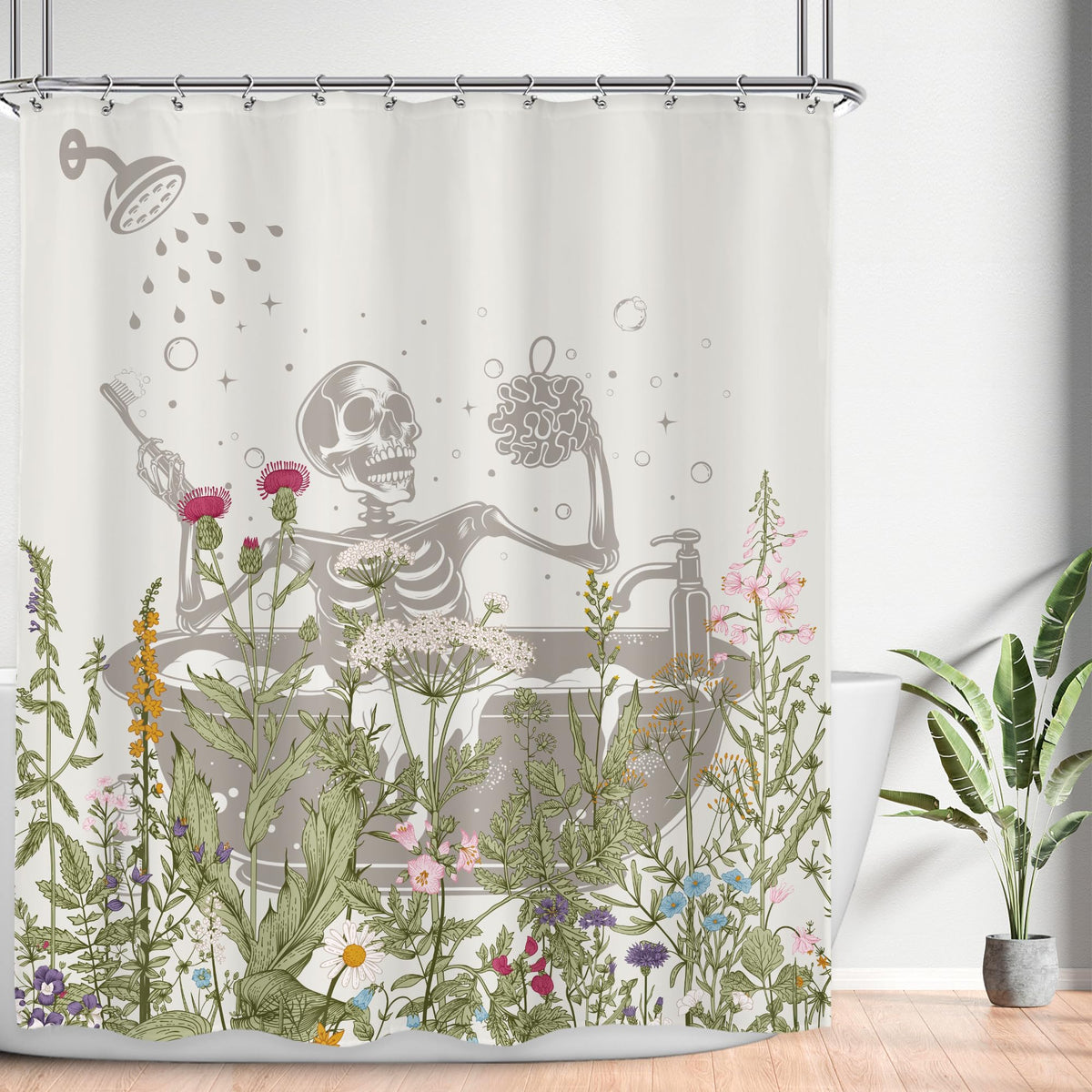 LGhtyro Funny Skull Halloween Wildflower Shower Curtain Bathroom Set 60Wx71H Inches Gothic Skeleton Floral Rustic Leaves in Bath