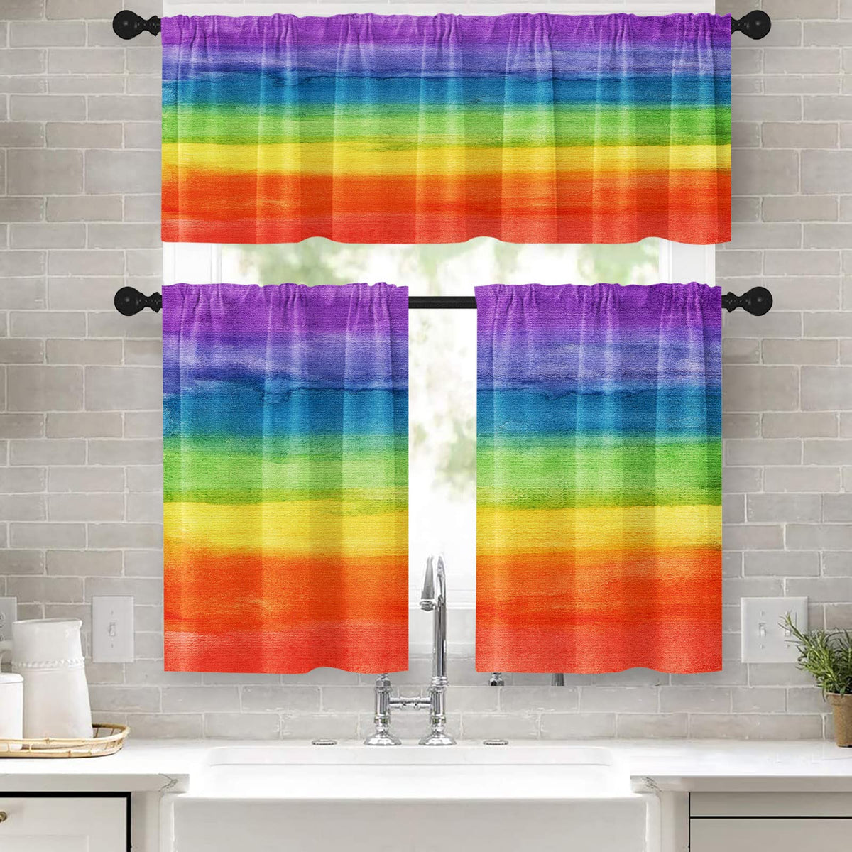 Tayney Colorful Kitchen Curtains Rainbow Stripes Window Curtains Valance And Tier Set, Abstract Painting Art Rod Pocket Short Ti