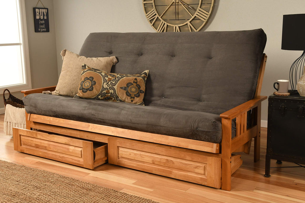 Kodiak Furniture Monterey Queen-Size Futon, Storage Drawers, Butternut Finish With Suede Gray Mattress