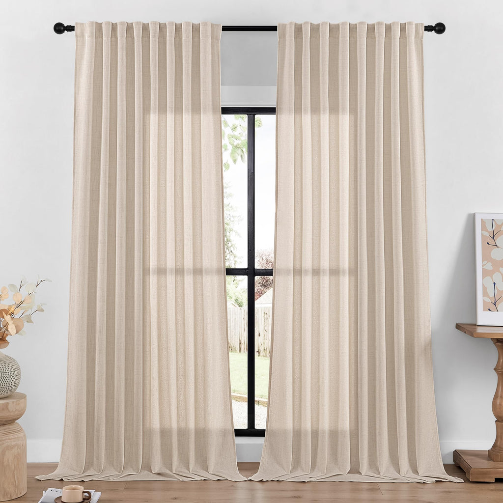 DaysU Linen Curtains 108 Inches Long 2 Panels Set for Bedroom/Living Room, Oatmeal Semi Sheer Farmhouse Curtains, Rod Pocket Hoo
