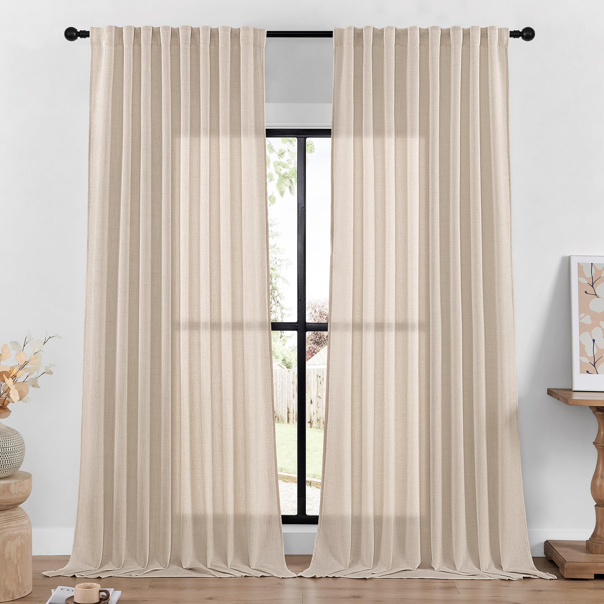 DaysU Linen Curtains 108 Inches Long 2 Panels Set for Bedroom/Living Room, Oatmeal Semi Sheer Farmhouse Curtains, Rod Pocket Hoo