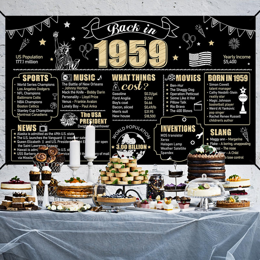 Eiurteao 65Th Birthday Decorations Back In 1959 Banner Backdrop For Women Men, Black Gold Happy 65 Birthday Sign Poster Party Su
