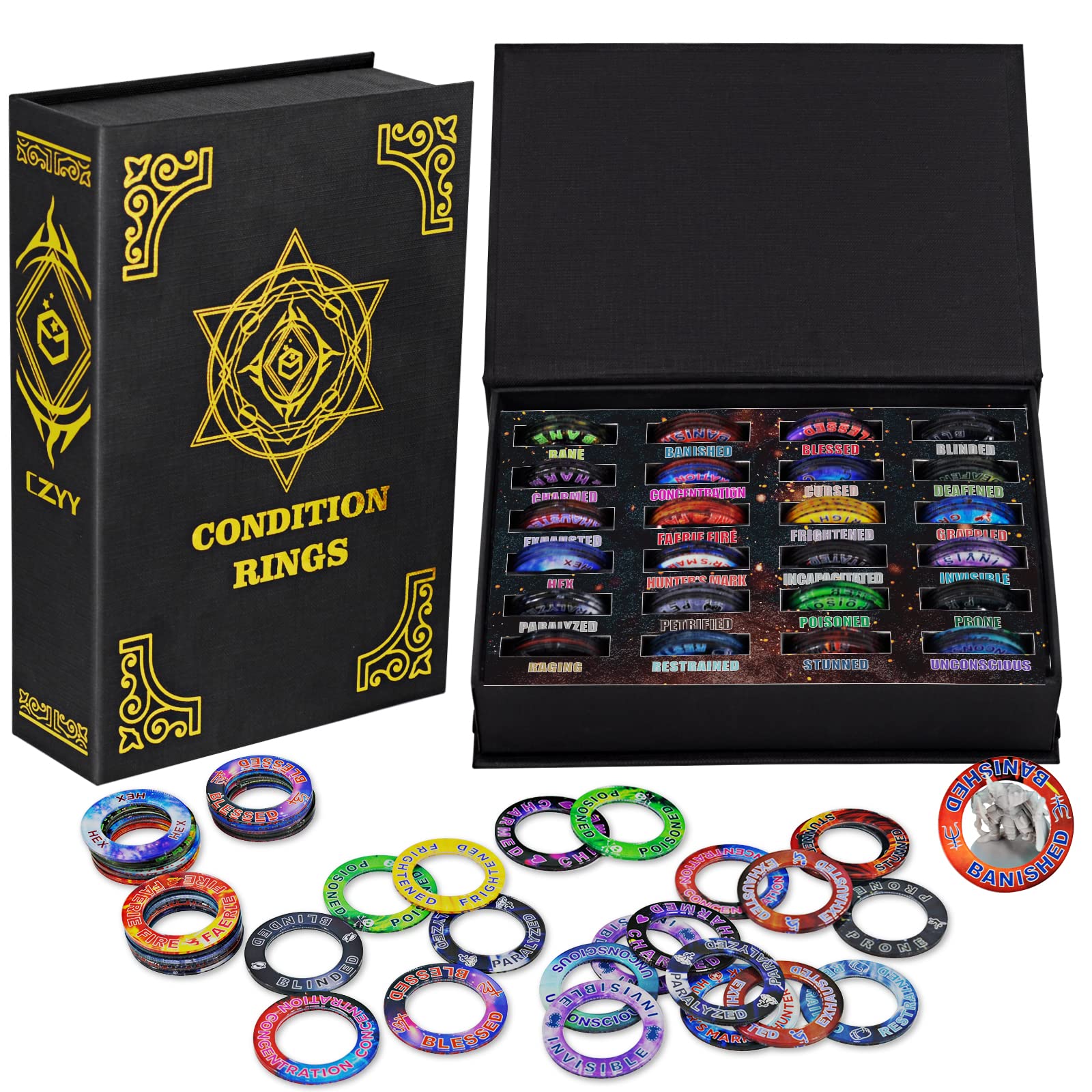 Upgraded Dnd Condition Rings 96 Status Effect Markers With Color Printing In 24 Conditions & Spells, And With Magic Book Storage