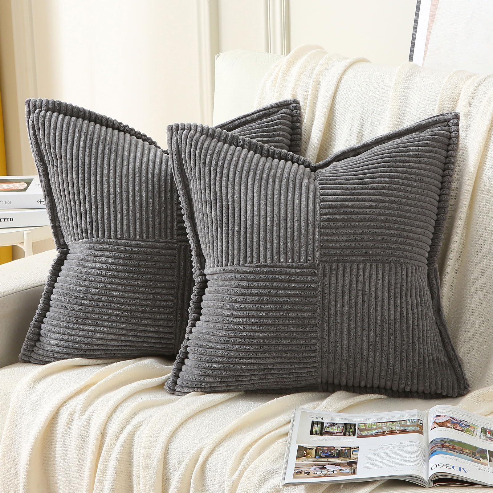 Haussy Dark Grey Throw Pillow Covers 22X22 Inch Set Of 2, Soft Corduroy Solid Striped,Square Decorative Cushion Case,Winter Home