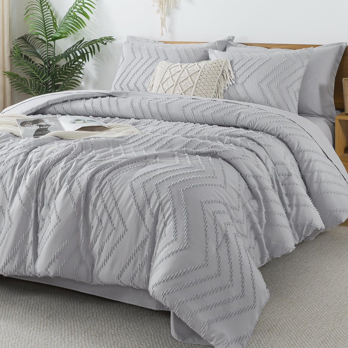 Litanika Light Grey Queen Size Comforter Set With Sheets - 7 Pieces Bed In A Bag Queen Boho Tufted Complete Beddding Sets With C