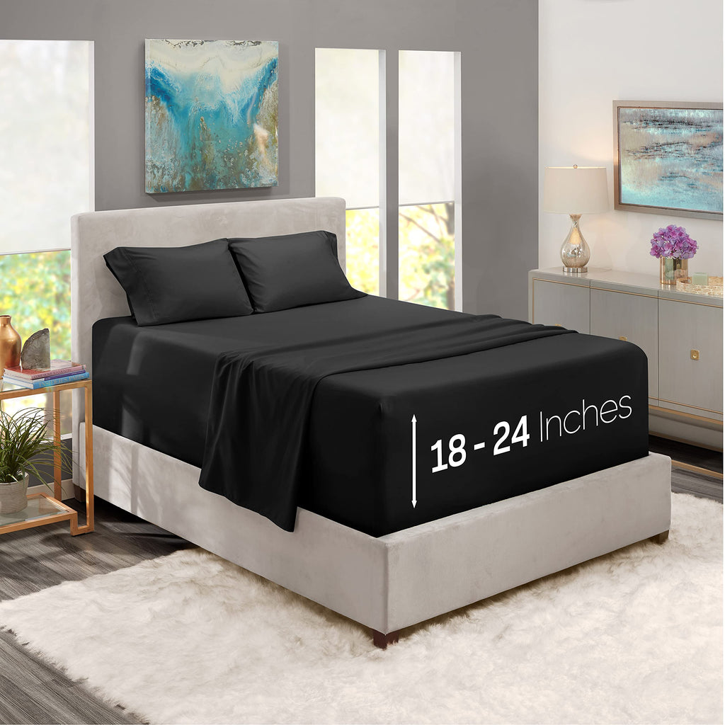 Extra Deep Pocket Fitted Sheet - Super Deep California King Fitted 4 Piece Sheet Set - Ultra Deep Pocket Sheets - Extra Deep Microfiber Sheets - Deep Bed Sheets - 84 X 72 Inches - Black
