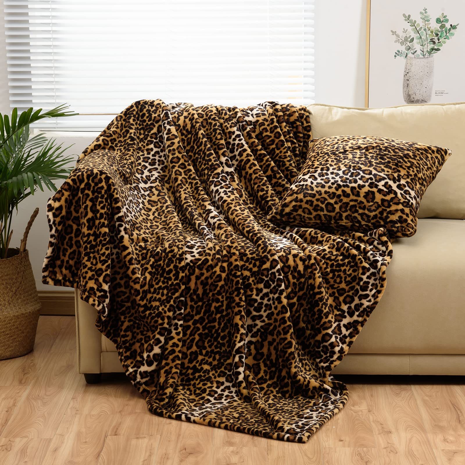 Bnuitland Leopard Print Fleece Flannel Throw Blanket(50X71Inch) With Pillow Cover(18X18Inch),300 Gsm Double Sided Bed Throw,Ligh