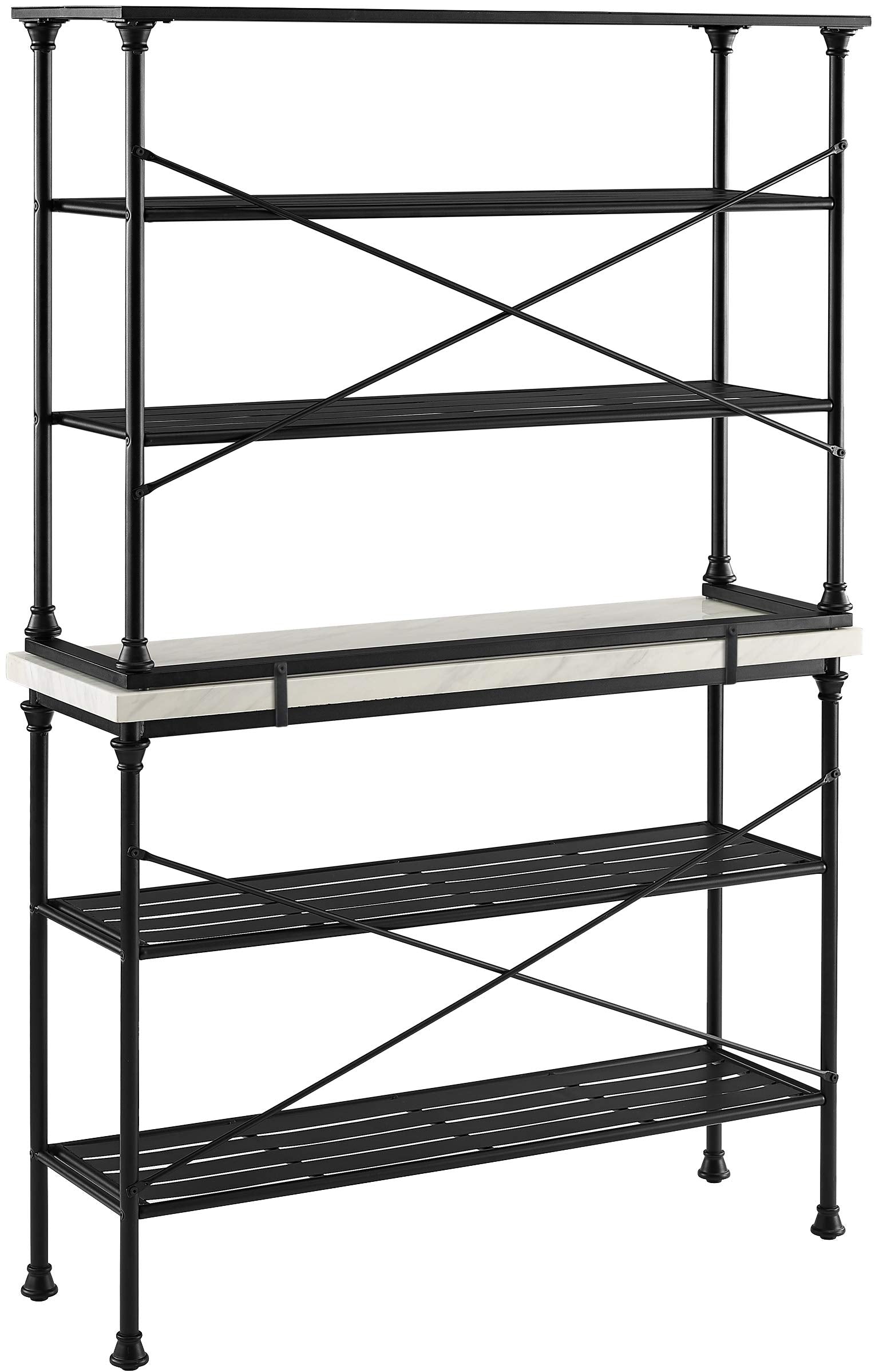 Crosley Furniture Madeleine Baker's Rack with Shelves for Storage, Microwave Stand, Coffee Bar, Steel with Faux Marble Top