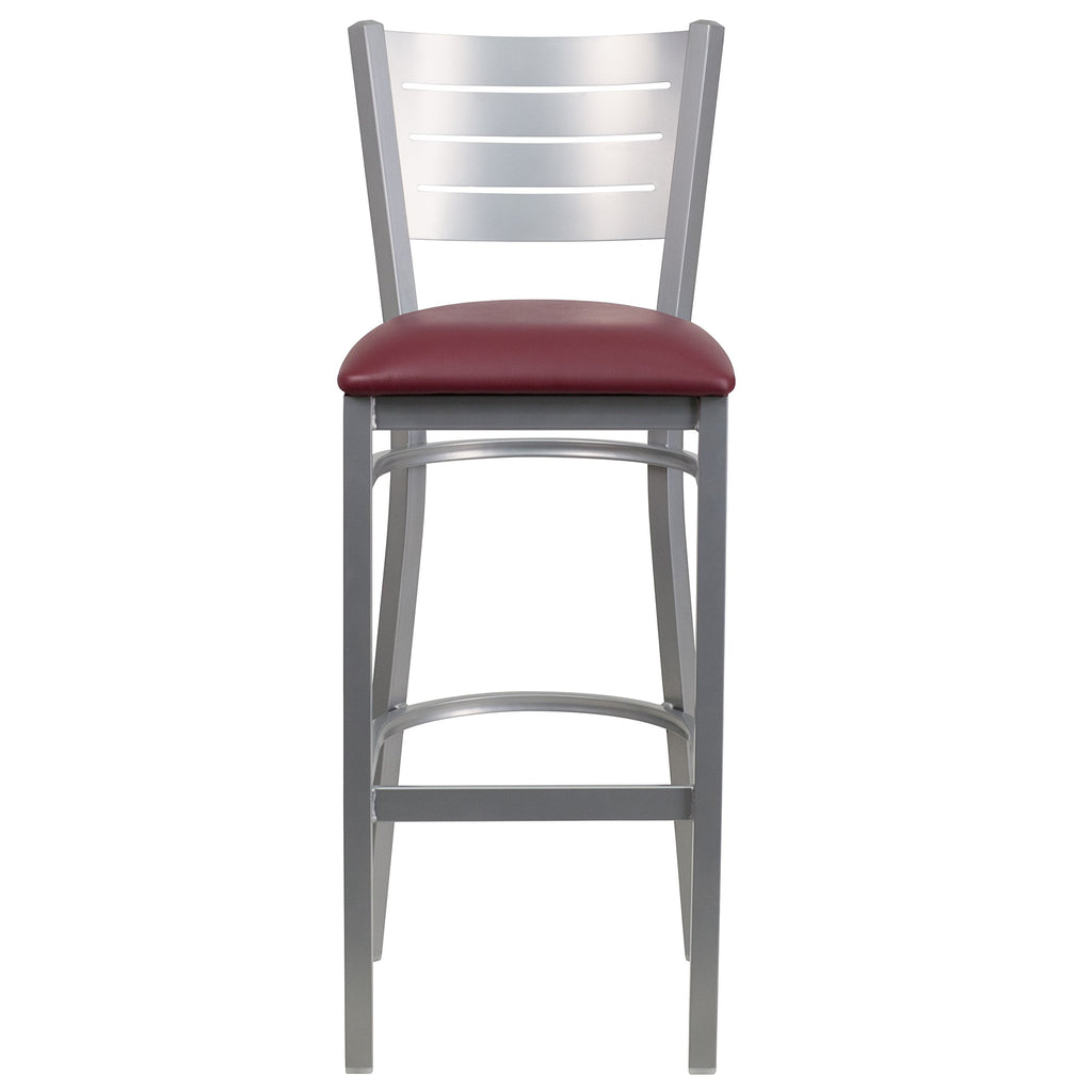 Flash Furniture HERCULES Series Silver Slat Back Metal Restaurant Barstool - Burgundy Vinyl Seat
