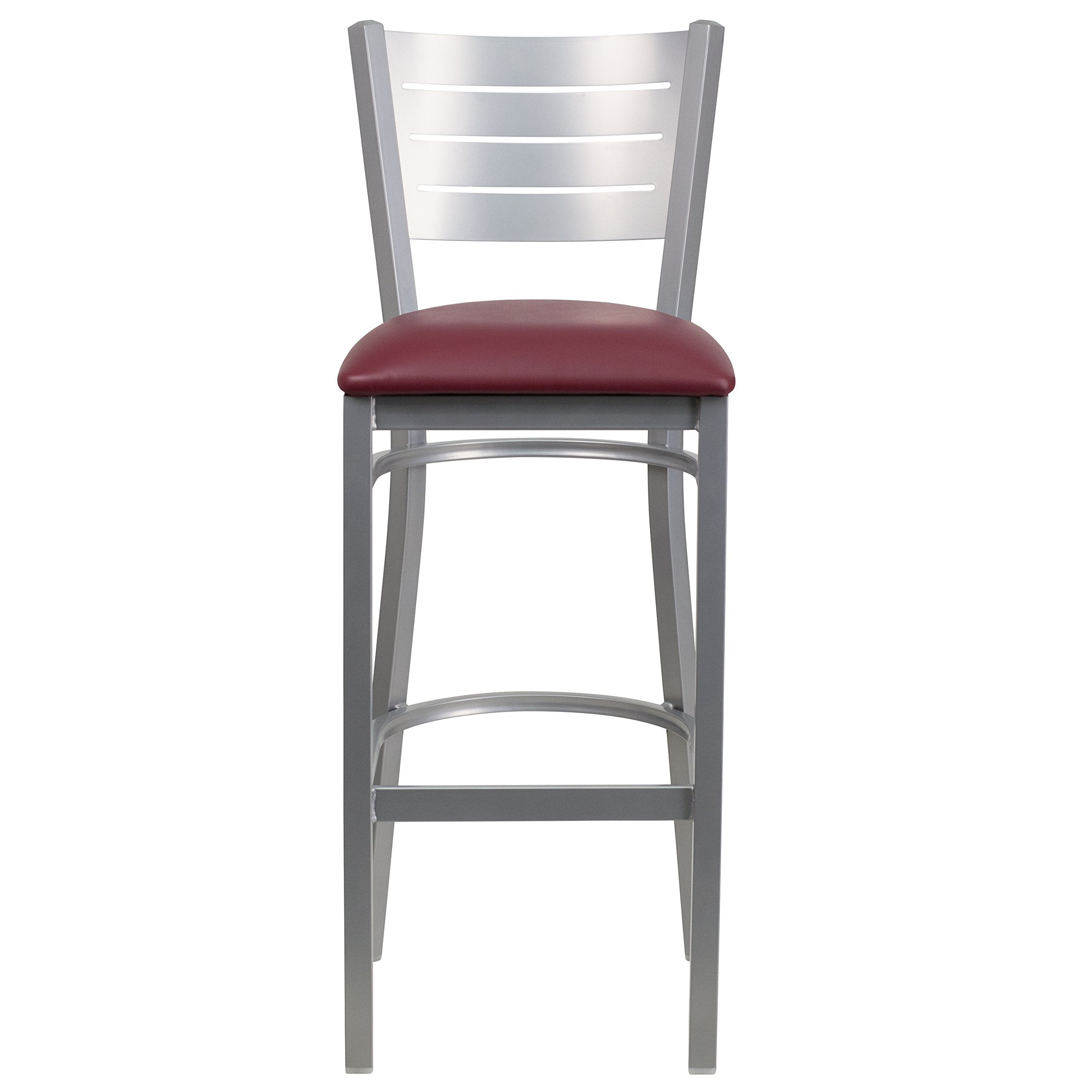 Flash Furniture HERCULES Series Silver Slat Back Metal Restaurant Barstool - Burgundy Vinyl Seat
