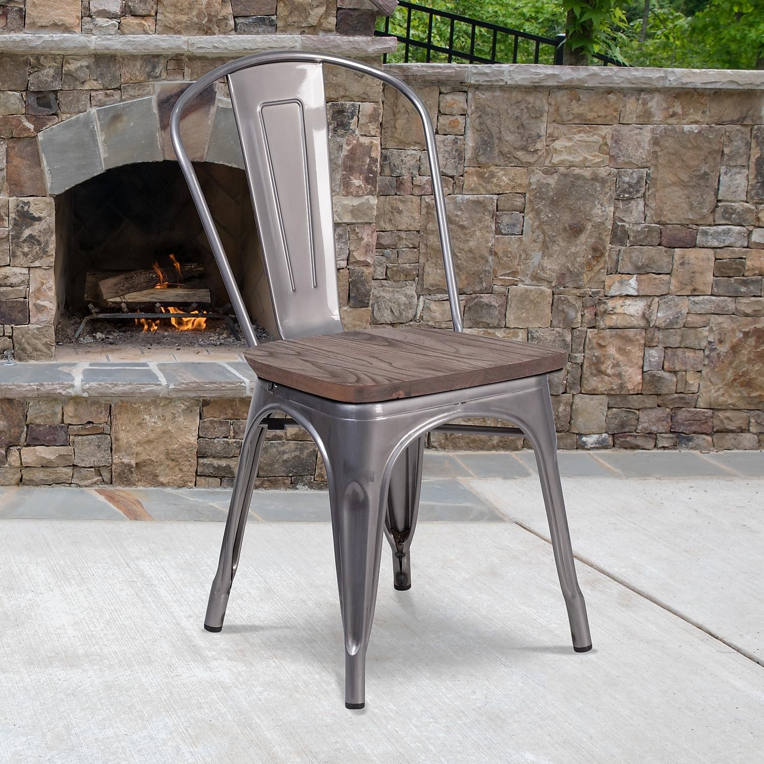 Flash Furniture Lincoln Clear Coated Metal Stackable Chair With Wood Seat