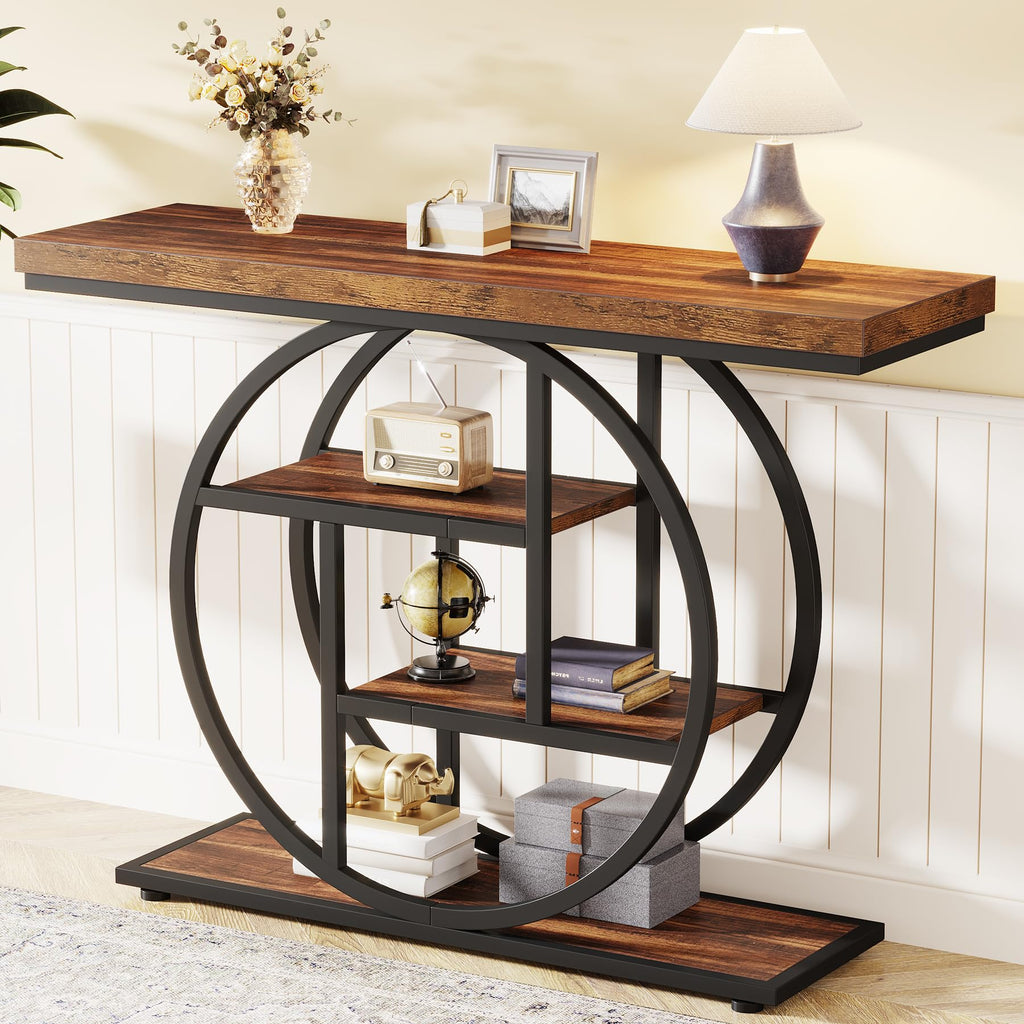 Tribesigns 41.3' Console Table, Industrial 4-Tier Sofa Table Entryway Table With Circle Base, Narrow Wood Accent Tables With Storage Shelves For Living Room, Hallway, Foyer, Rustic Brown