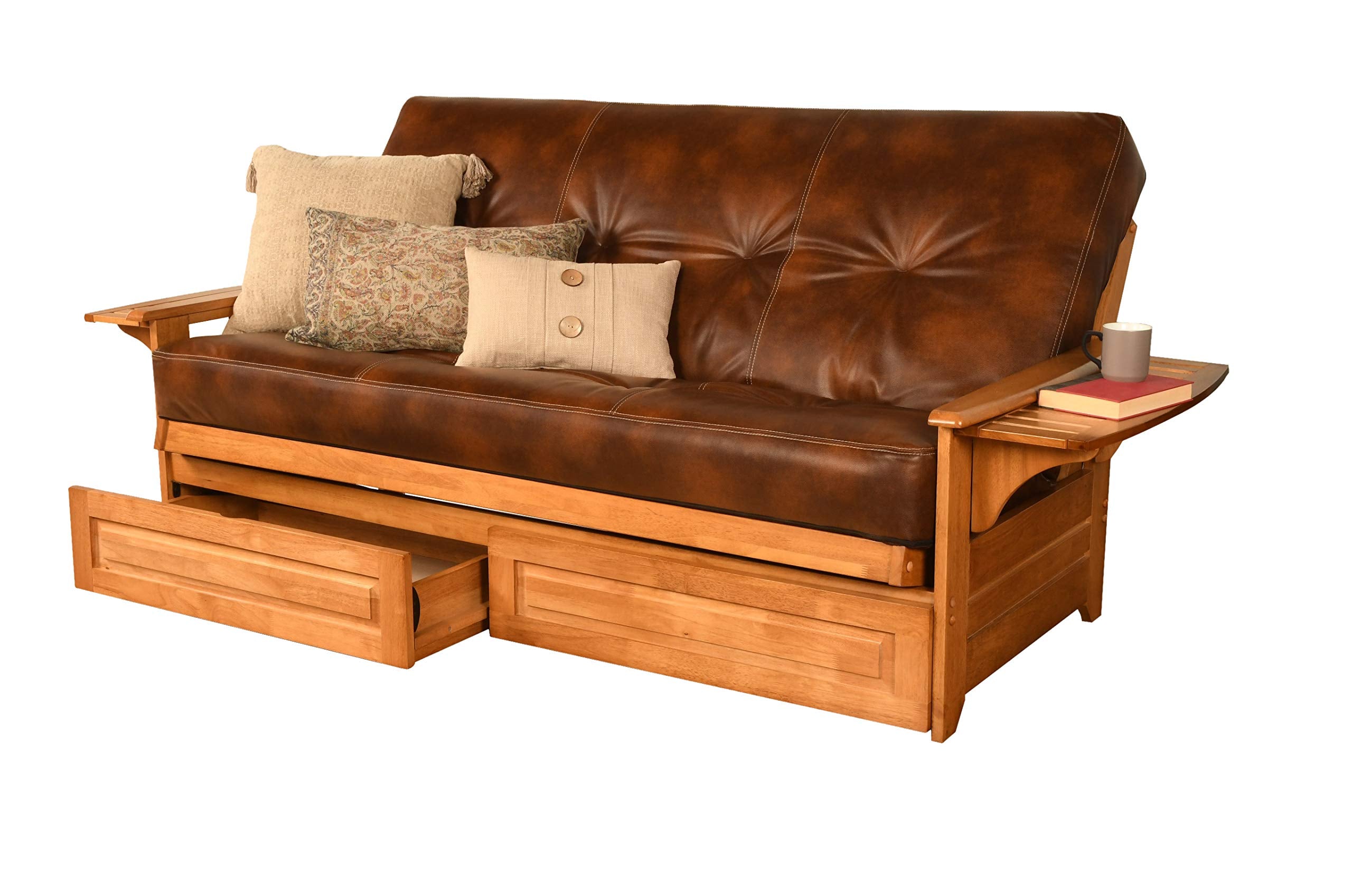 Kodiak Furniture Phoenix Full Size Futon In Butternut Finish With Storage Drawers, Oregon Trail Saddle