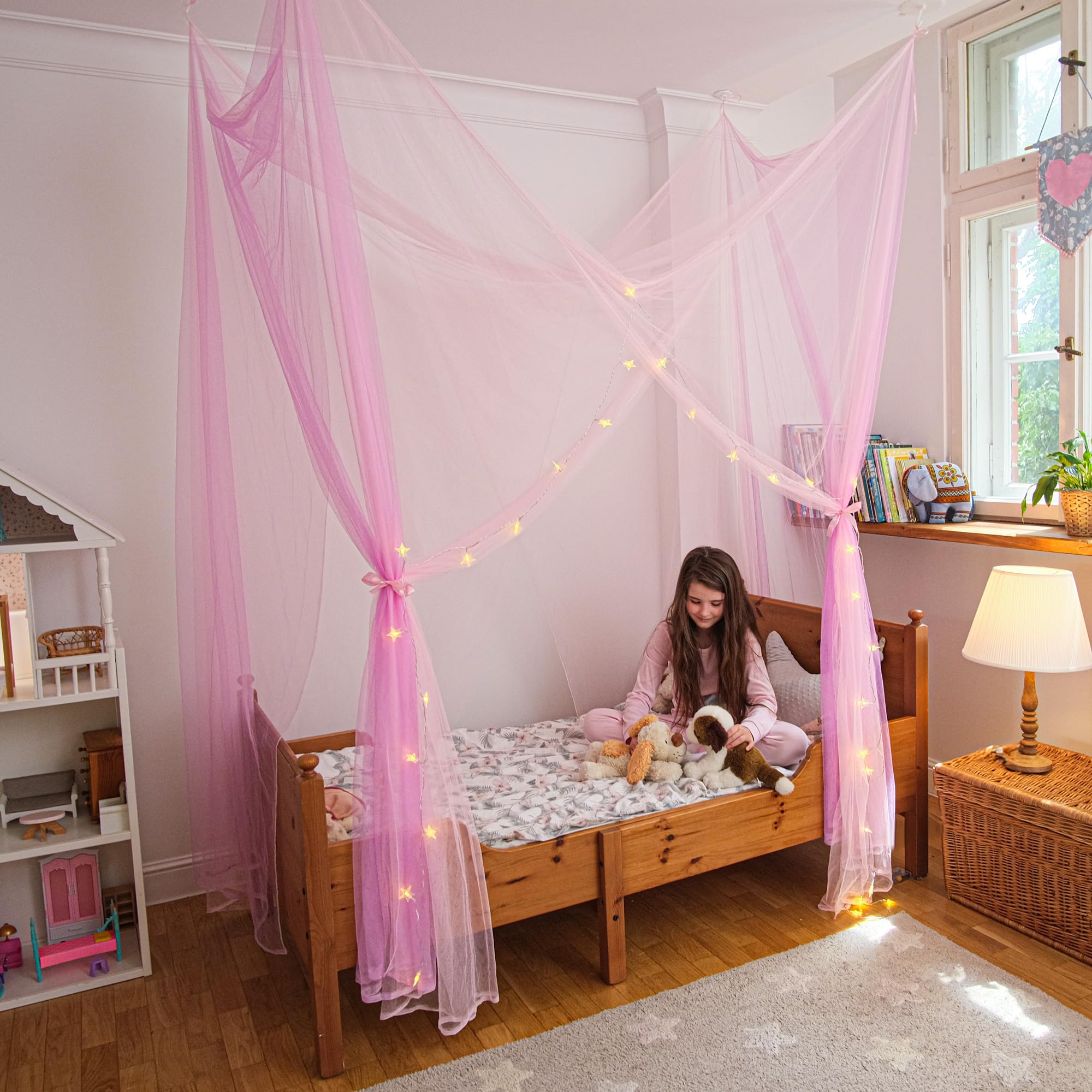 Canopy Bed Curtains With Lights, Twin Princess Bed Canopy For Girls, Pink & Purple | Fits Twin & Twin Xl | Bed Curtains From Cei