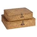 FOSSORH Set of 2 Flat Seagrass Storage Bins with Lid Wicker Storage Baskets for Organizing, Woven Shelf Organizer Bins Home Util