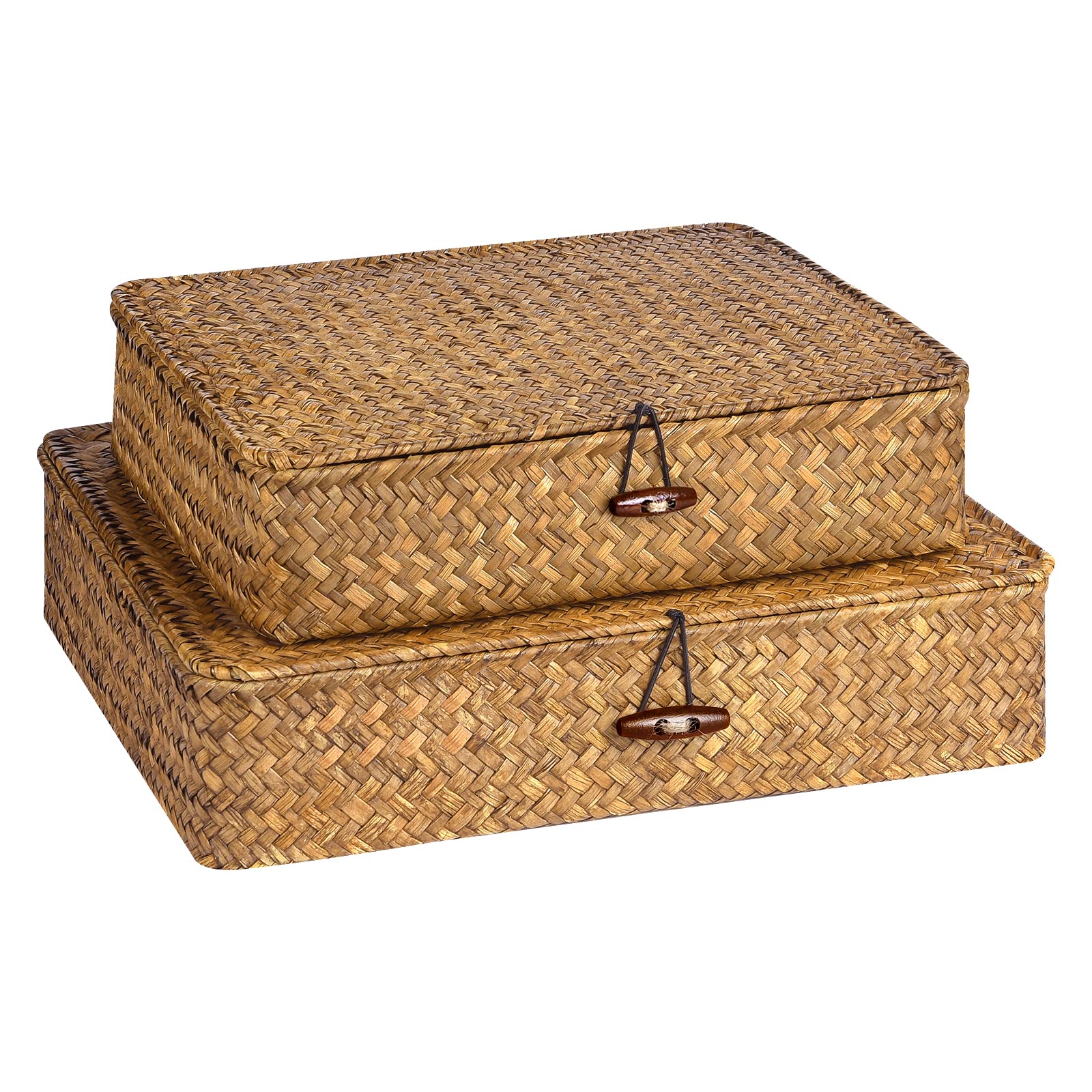 FOSSORH Set of 2 Flat Seagrass Storage Bins with Lid Wicker Storage Baskets for Organizing, Woven Shelf Organizer Bins Home Util