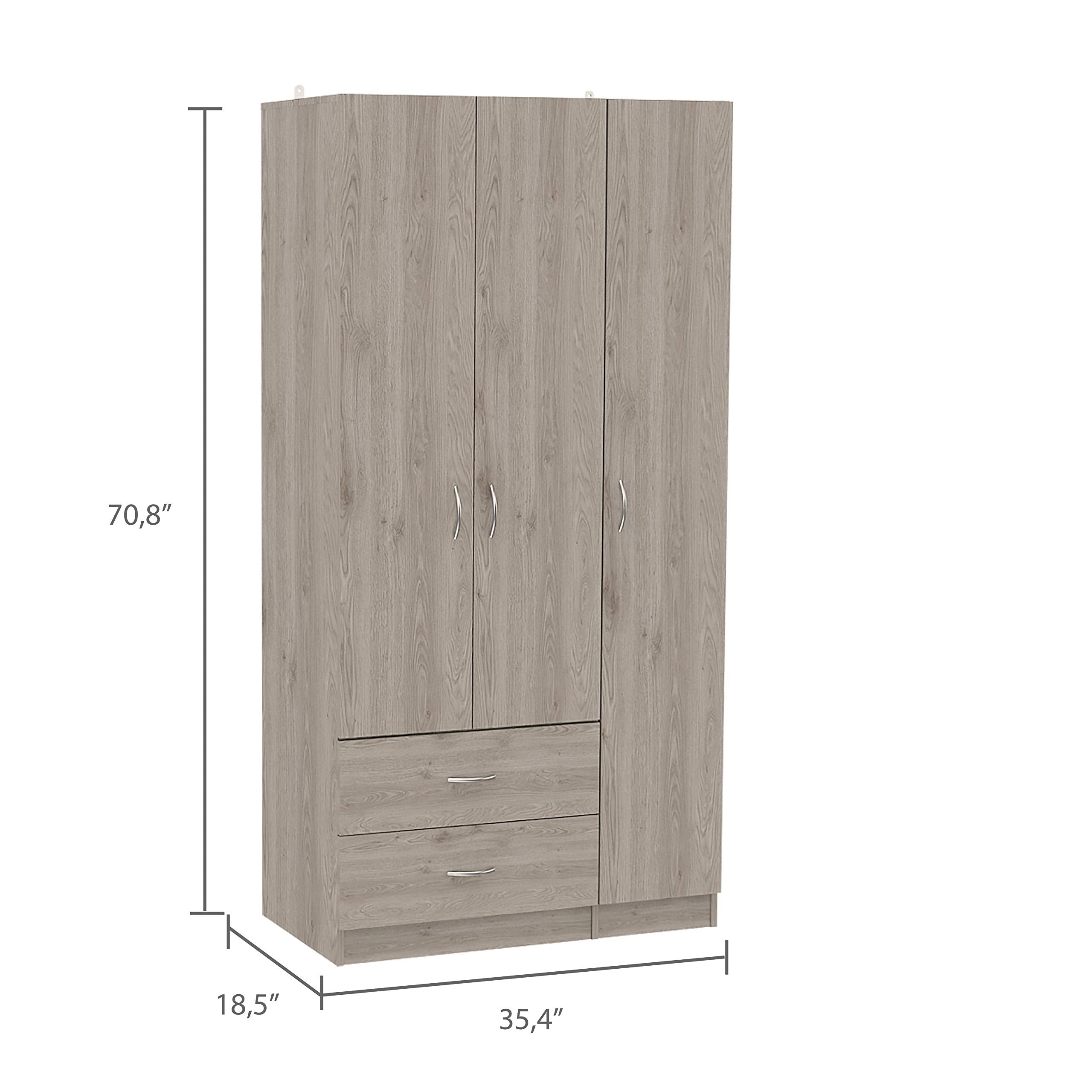 DEPOT E-SHOP Bosko 3 Doors Armoire, 2 Drawers, Metal Rod, Light Gray