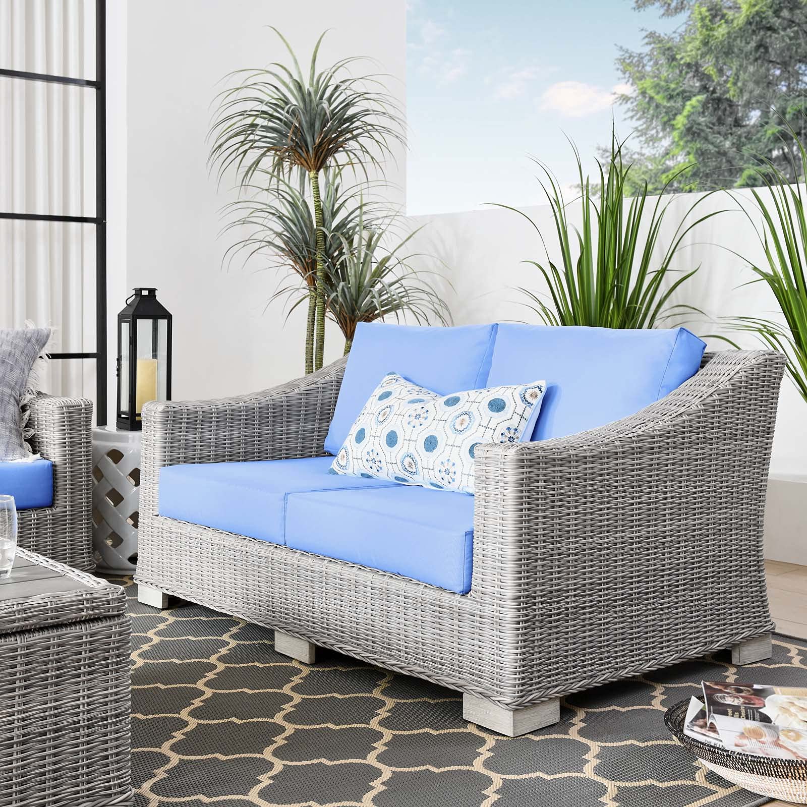 Modway EEI-4841-LGR-LBU Conway Outdoor Patio Wicker Rattan Loveseat, Light Gray Light Blue
