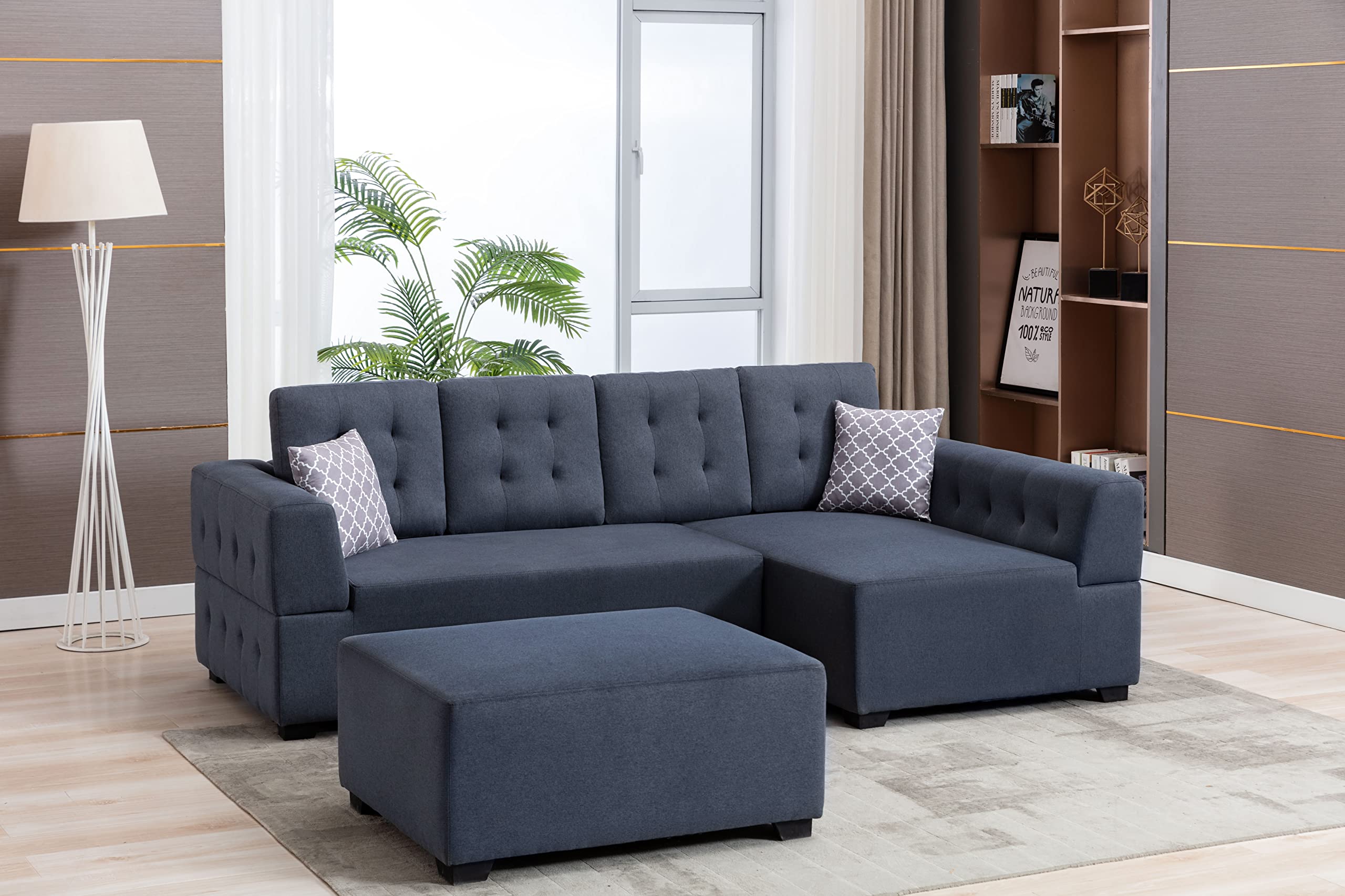 Lilola Home Ordell Light Gray Linen Fabric Sectional Sofa with Right Facing Chaise Ottoman and Pillows
