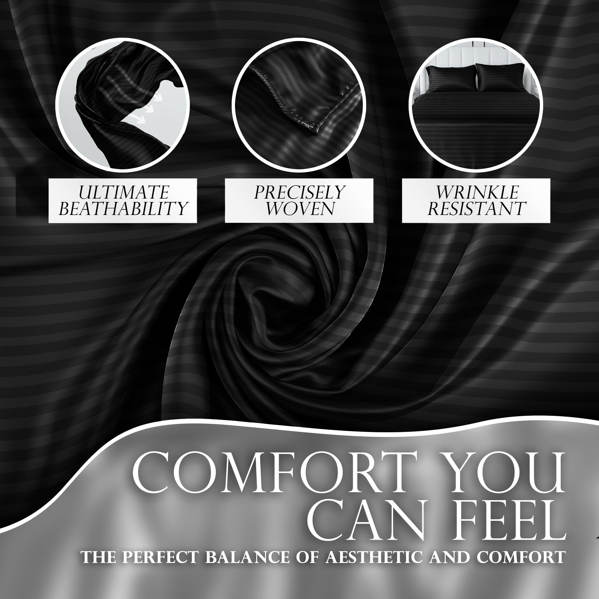 Decolure Striped Satin Sheets Twin Set 4Pc - Luxurious Silk Feel Satin Bed Sheets Twin- Elegant Silky Soft Twin Size Satin Bed S