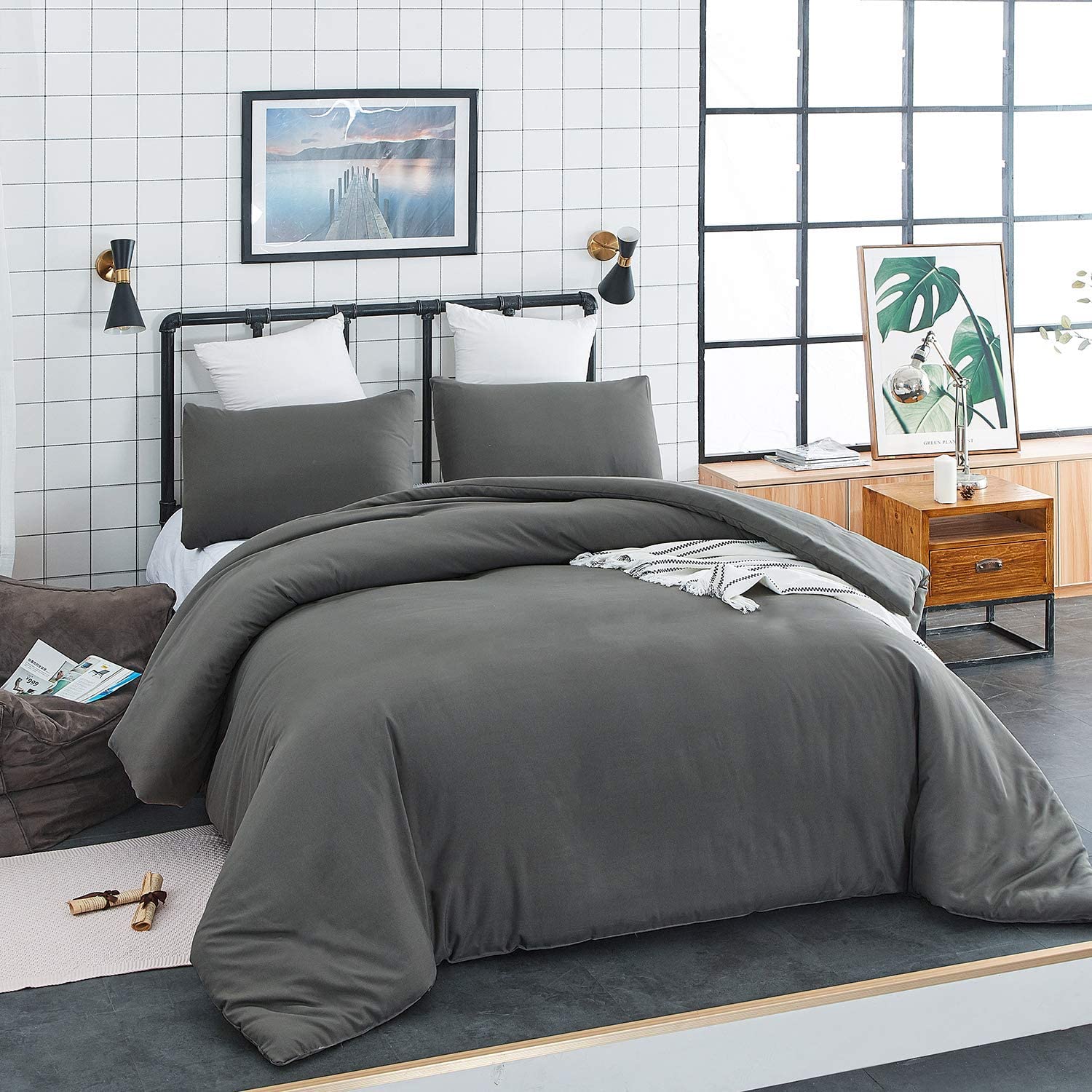 Karever Deep Grey Comforter Set Queen Dark Gray Bedding Set Teens Adult Solid Gray Color Bedding Set 3 Pieces With 2 Pillowcases