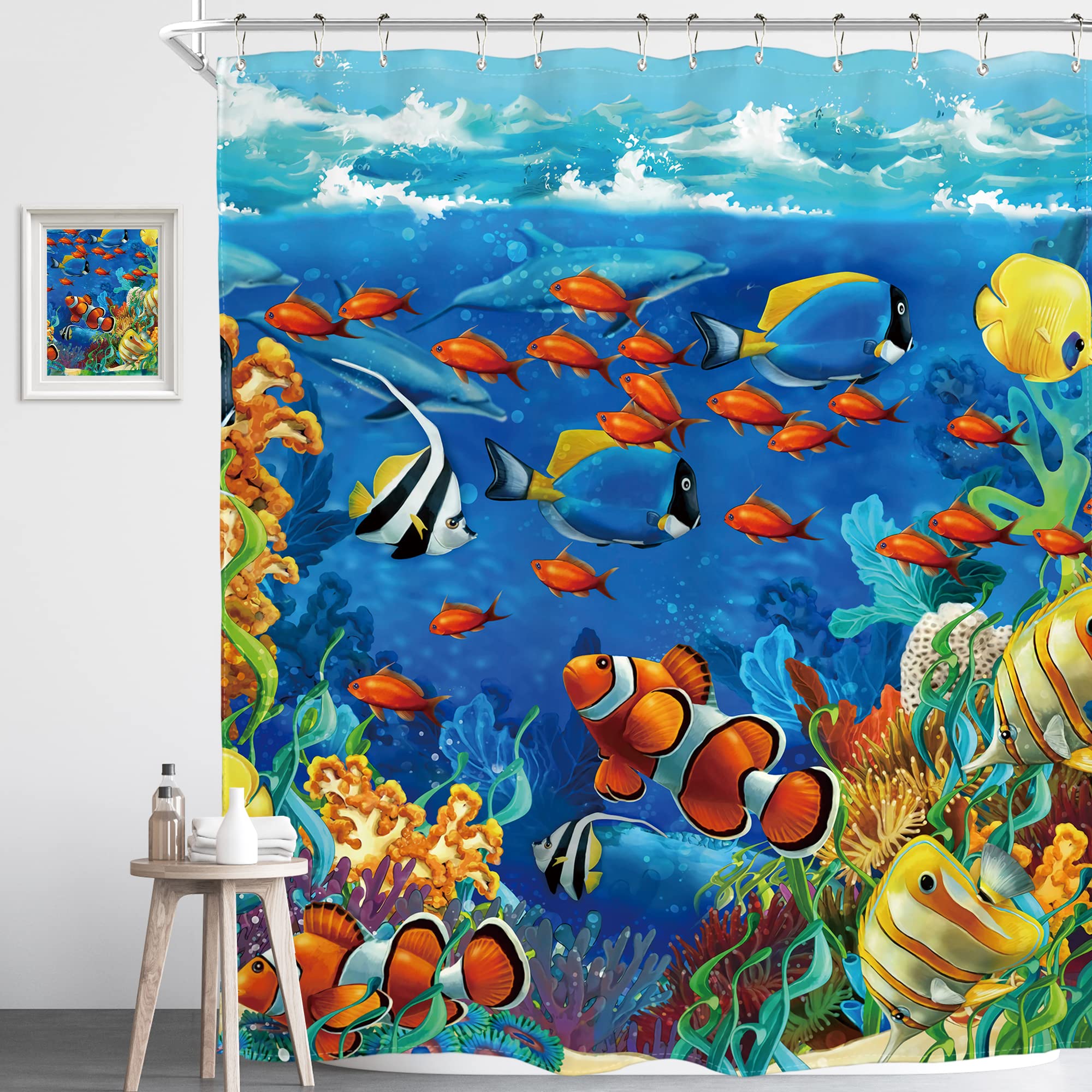 Homewelle Fish Tropical Ocean Kids Shower Curtain 72Wx72L Funny Under Water Underwater Colorful World Coral Blue Clown Fish Anim