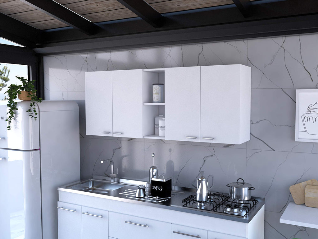 Wall Cabinet 24&Quot; H, 4 Doors, 2 Open Storage Shelves, 2 Internal Shelves, Internal Dish And Glass Organizer, White