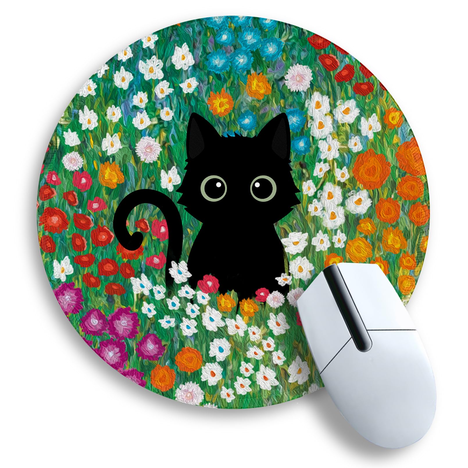 Gctriki Black Cat Mouse Pad, Small Round Mouse Pads For Desk, Gaming Mousepad With Stitched Edge Non-Slip Rubber Base, Mini Mous