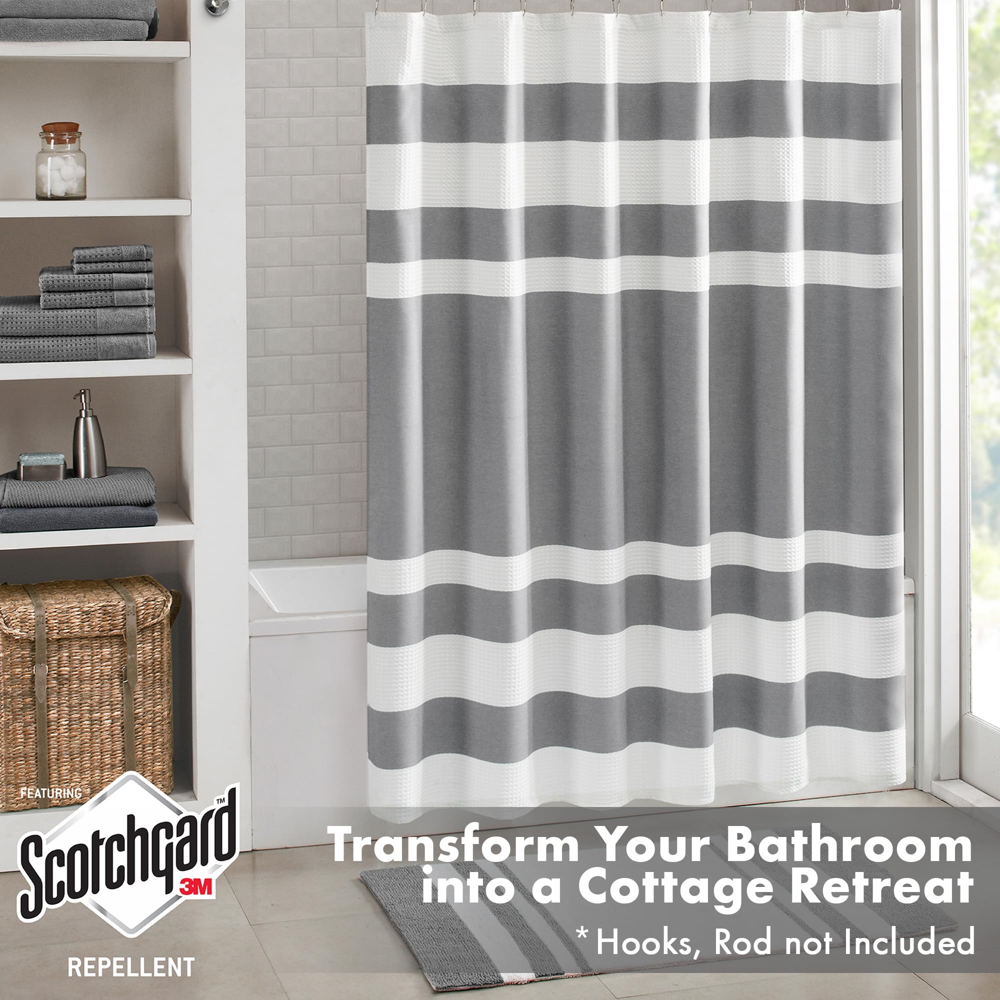 Madison Park Spa Waffle Shower Curtain Pieced Fabric With 3M Scotchgard Moisture Management, Premium Spa Quality Modern Shower Curtains For Bathroom, Standard 72X72, Charcoal