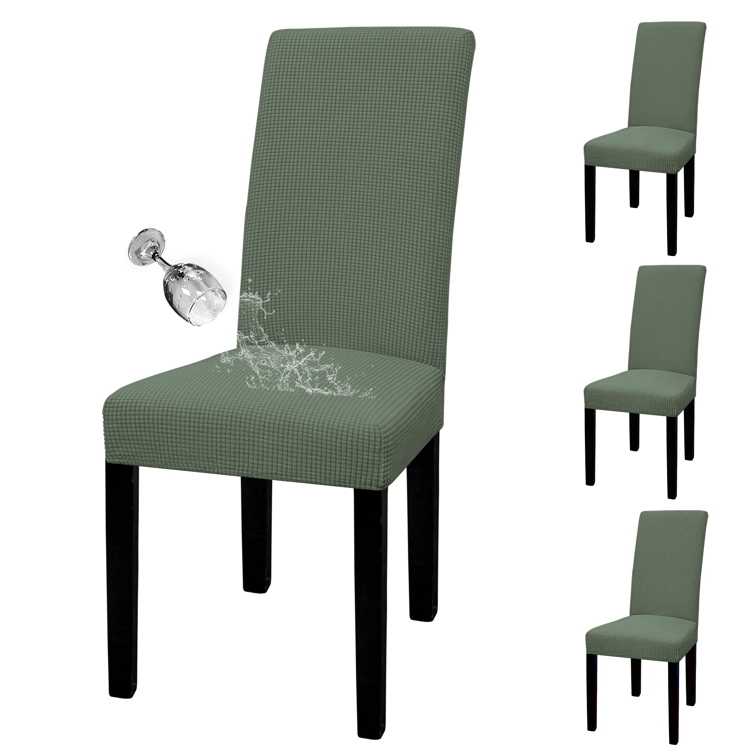 Easy-Going 100% Waterproof Dining Room Chair Cover Set Of 4, Stretch Jacquard Parson Chair Slipcover Removable Washable Chair Protector For Home, Restaurant, Banquet (Large, Grayish Green)