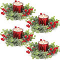 Christmas Candle Rings, 4 Pcs Red Berry Xmas Candle Rings Wreaths with Red Candle Holders, Christmas Centerpieces for Table, Chr
