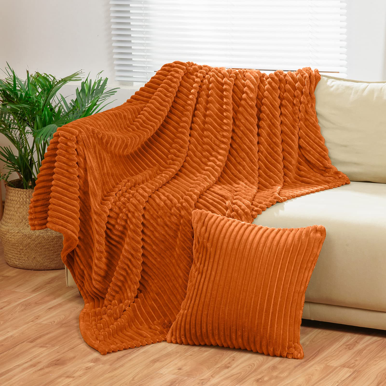 Bnuitland Burnt Orange Flannel Throw (50X71 Inches) With Throw Pillow Cover(18  18''),300Gsm Super Soft Fleece Stripe Pattern So