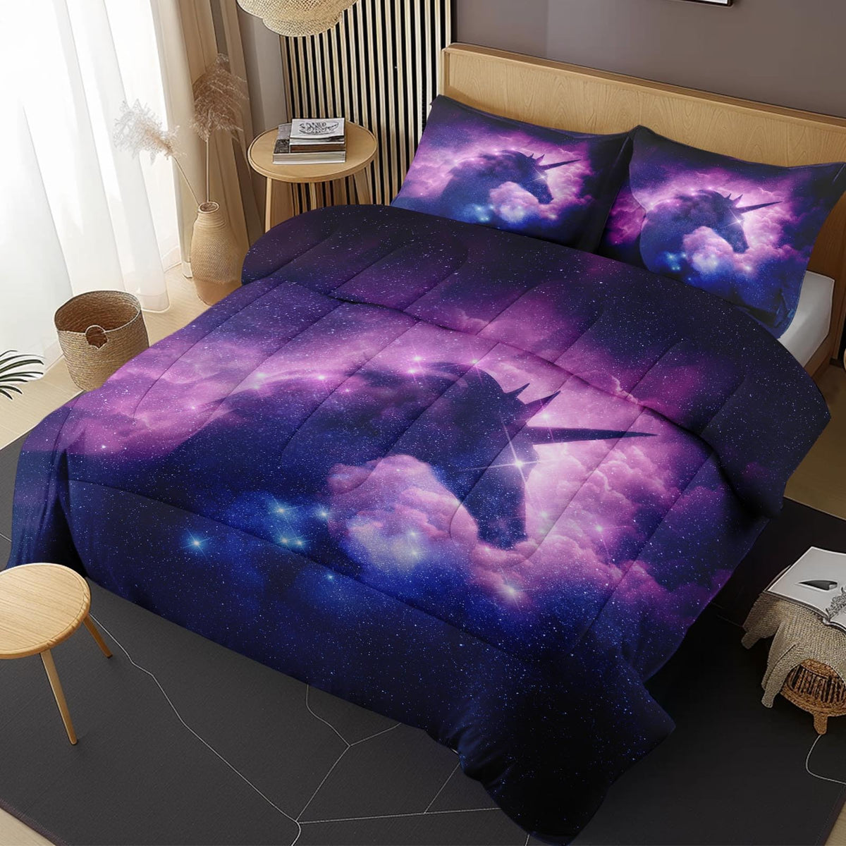 Nesphy Unicorn Queen Comforter Set, Purple Galaxy Stars Magical Bedding Set 3 Piece, All Season Soft Toddlers Children Adults Be