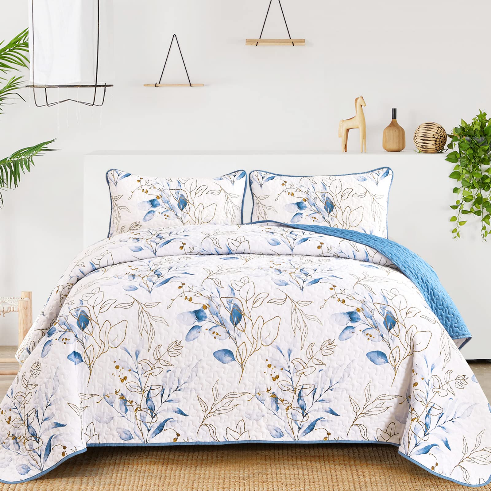 Anibedding Navy Blue Quilt Set Queen Size, 3 Pieces Bedspread Queen Lightweight Microfiber Reversible Blue Plants Coverlet Set H