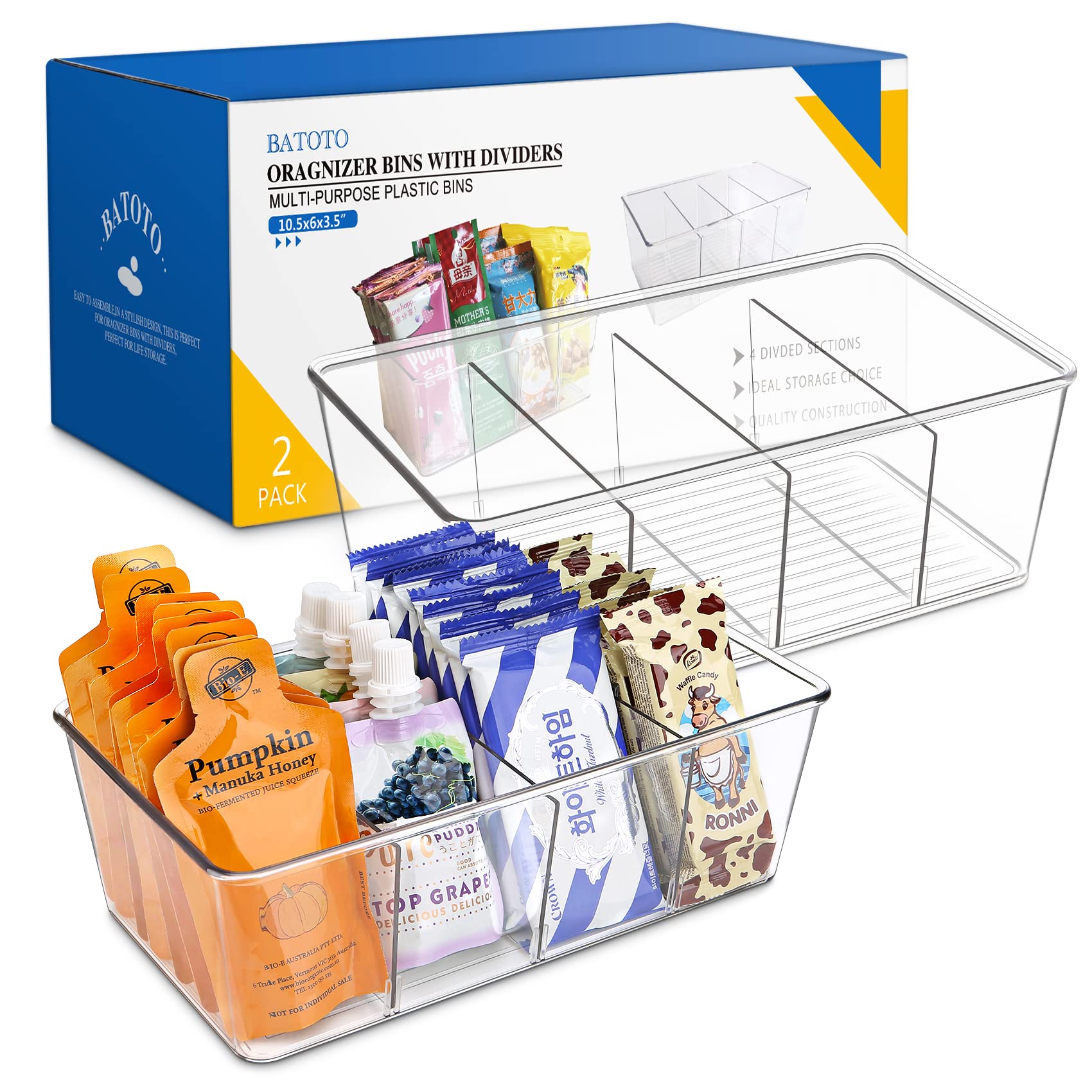 Pantry Organization And Storage Bins, Refrigerator Organizer Bins - Clear, Kitchen Organization And Storage With Dividers (2 Pac