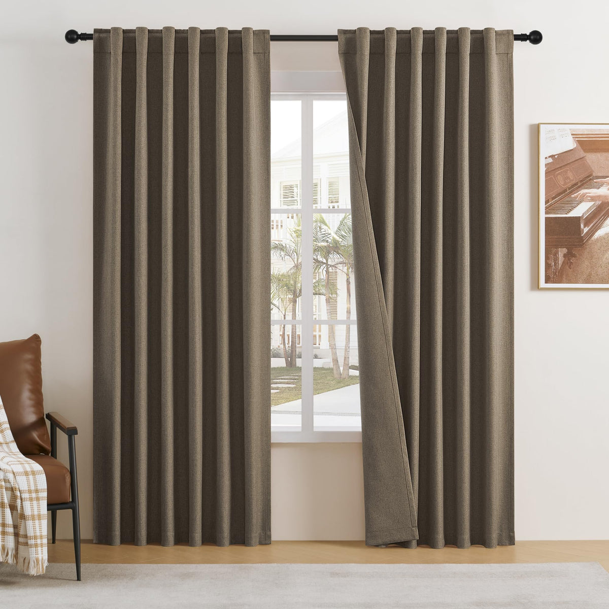 Dualife Blackout Brown Linen Textured Curtain Drapes 84 Inch Long-Rustic Farmhouse Burlap Color Room Darkening Curtains Back Tab