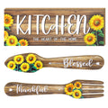 Yerliker 3 Pieces Sunflower Kitchen Decor Hello Summer Blessed Thankful Wooden Hanging Eat Signs Fork and Spoon Summer Farmhouse