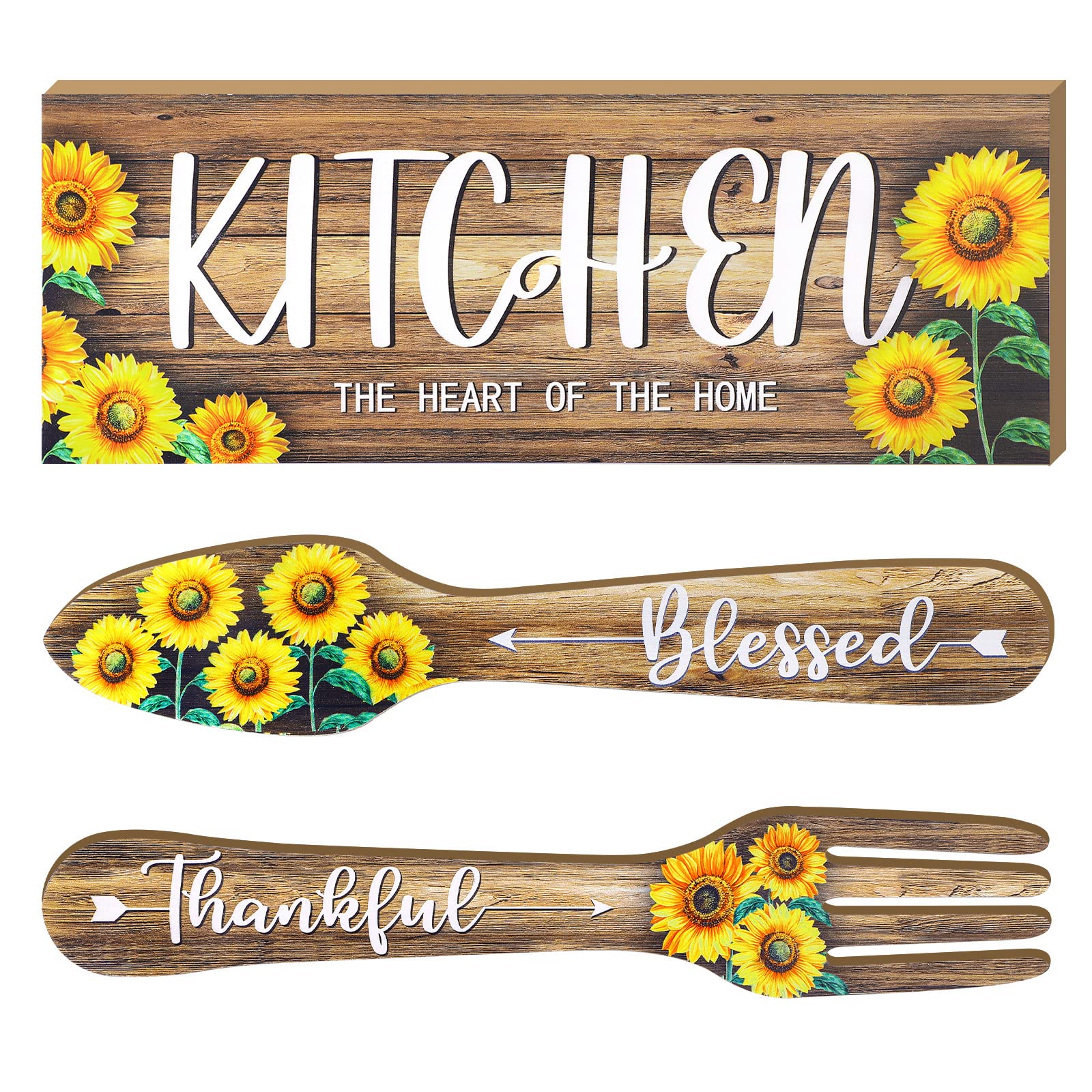 Yerliker 3 Pieces Sunflower Kitchen Decor Hello Summer Blessed Thankful Wooden Hanging Eat Signs Fork and Spoon Summer Farmhouse