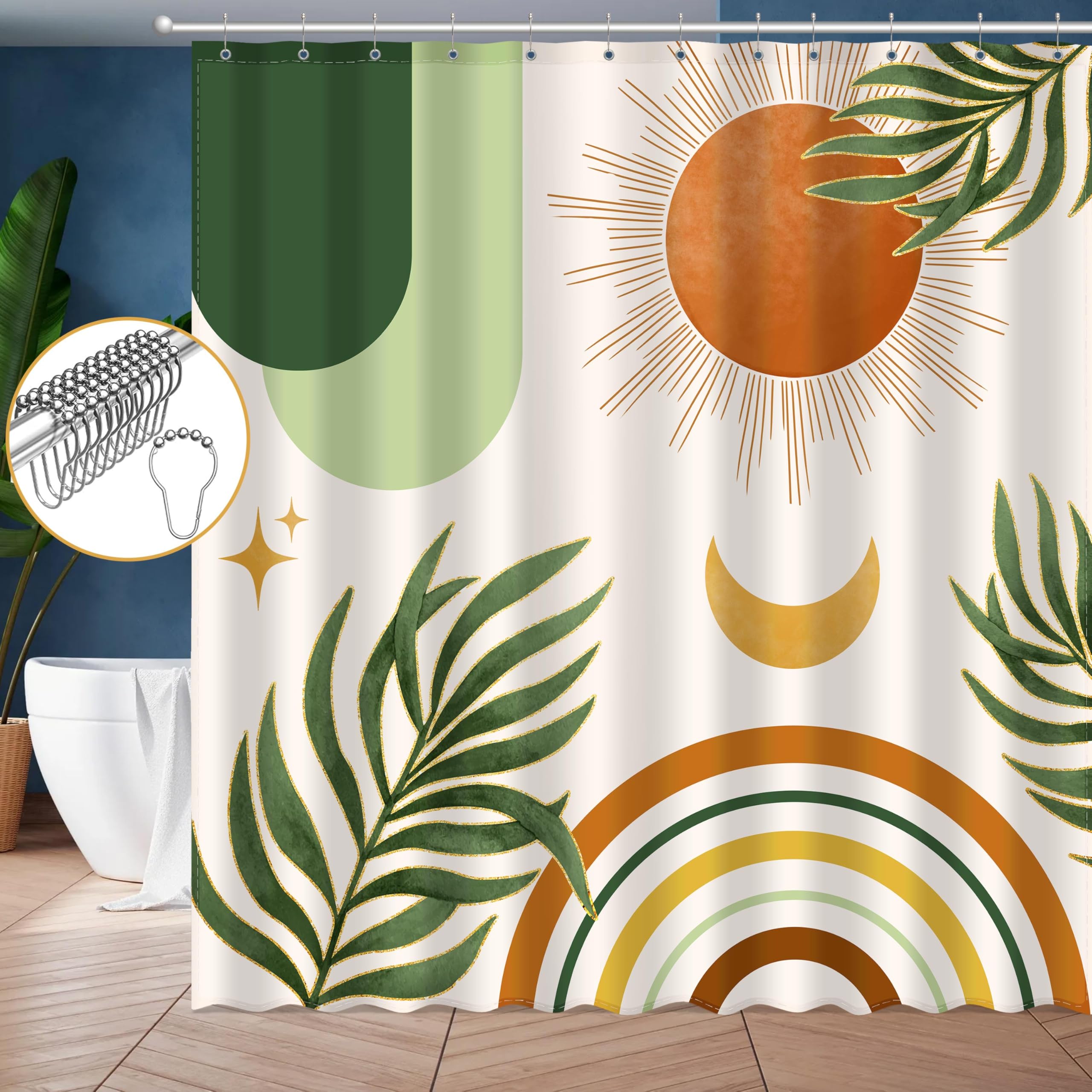 Jwxcbim Boho Mid Century Shower Curtain, Bohemian Green Minimalist Simple Aesthetic Modern Bathroom Decor, Spring Summer Colorfu