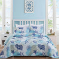 Dinjoy Coastal Quilt Set Full Size, Blue Ocean Beach Themed Bedding Set Coral Seashell Conch Starfish Pattern Microfiber Lightwe