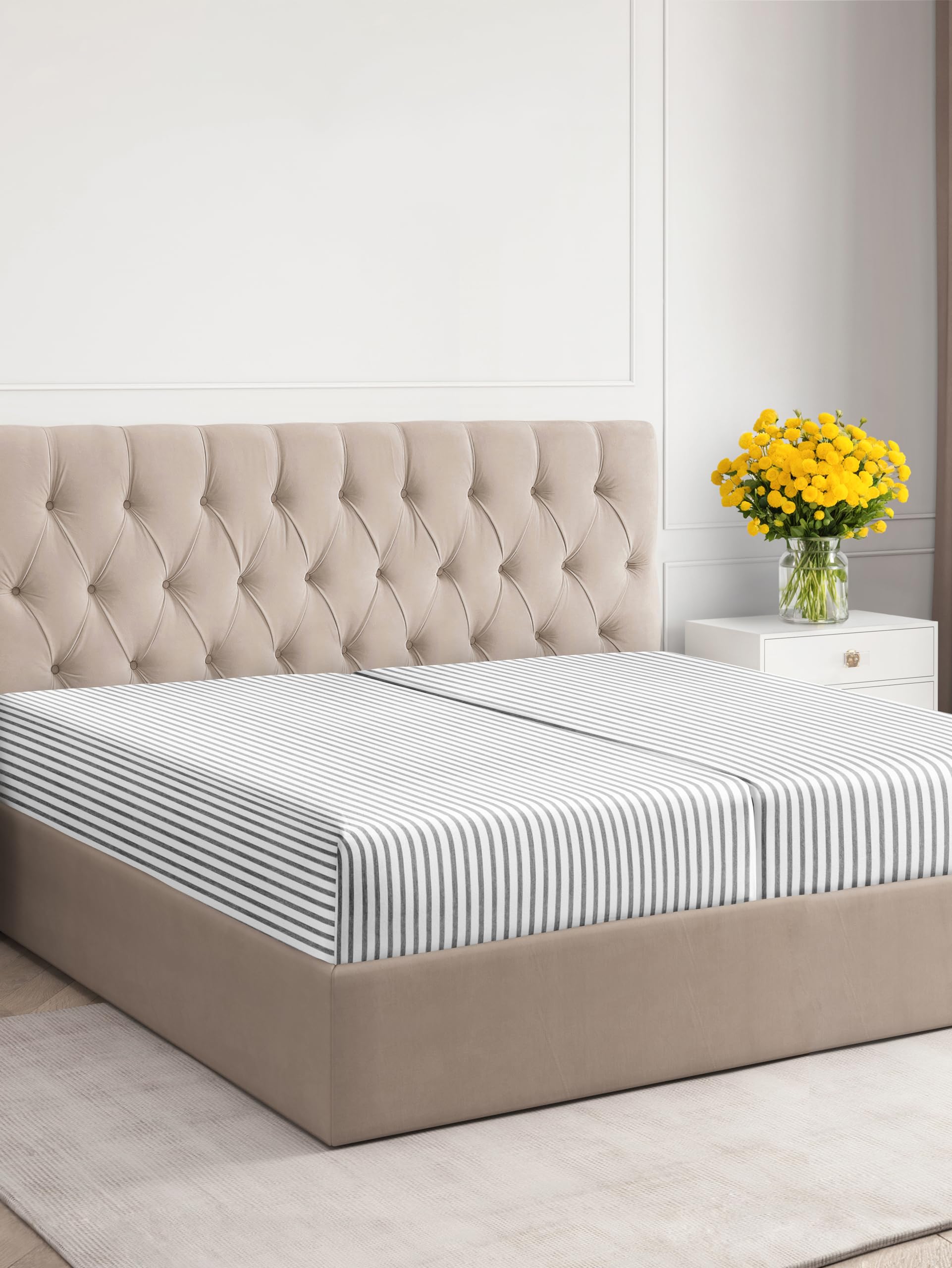 Split King Size Fitted Bed Sheet - Hotel Luxury Single Fitted Bottom Sheet Only - Fits Mattress Between 8 To 16 Inches - Deep Pockets, Extra Soft And Wrinkle Free - Breathable & Cooling - Grey Stripes