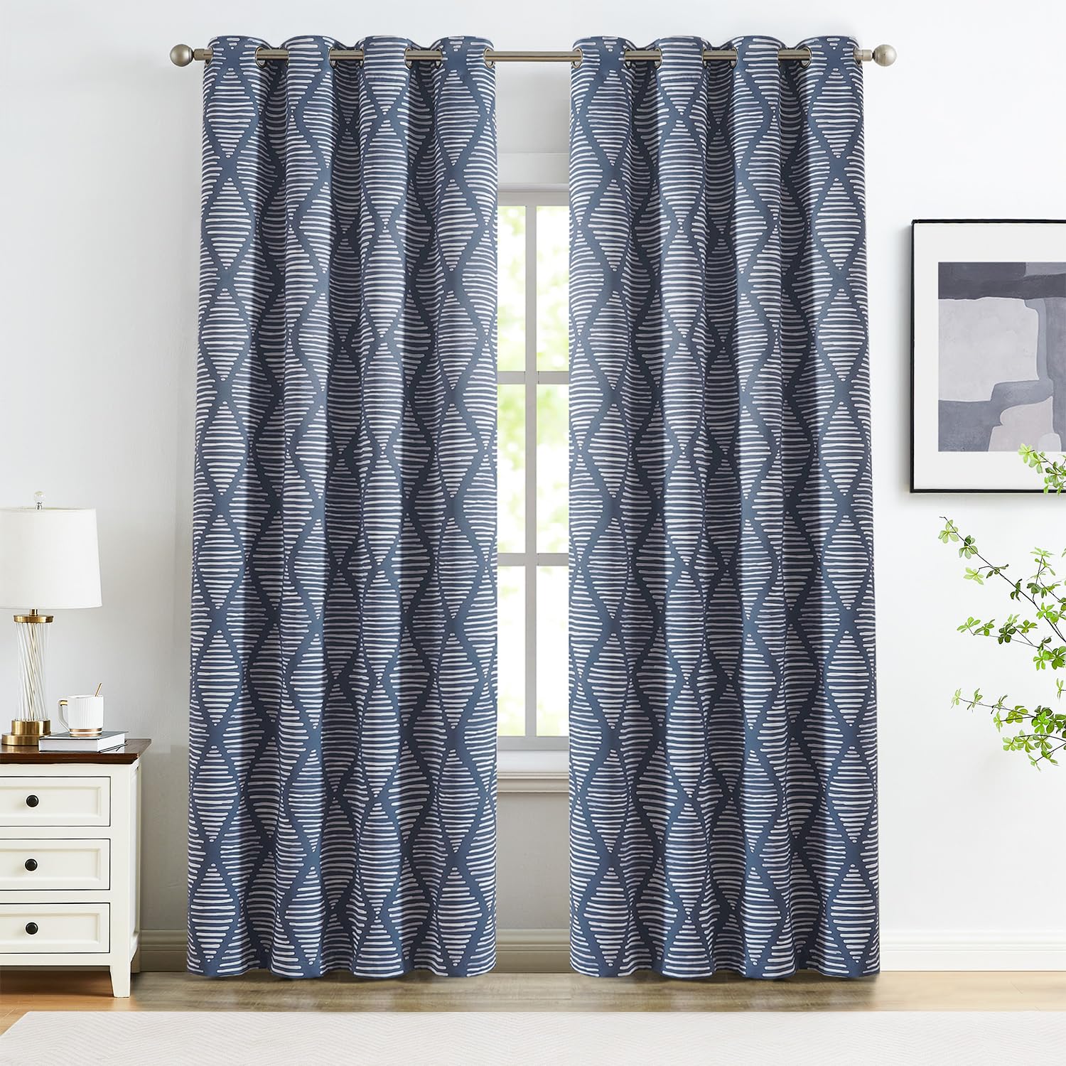 Jinchan 100% Blackout Curtains 84 Inch Length Blue Geometric Printed Curtains Thermal Insulated Pattern Bedroom Curtains Modern