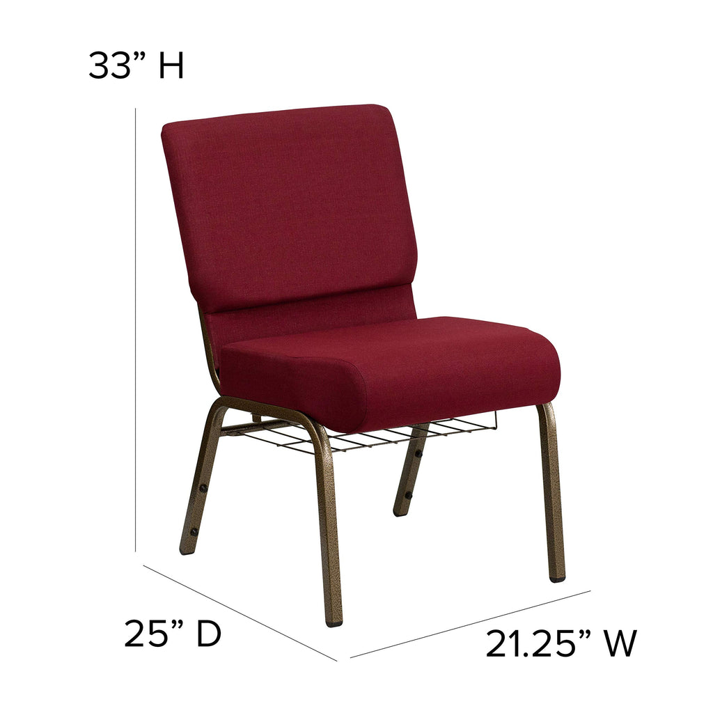 Flash Furniture HERCULES Series 21''W Church Chair in Burgundy Fabric with Cup Book Rack - Gold Vein Frame