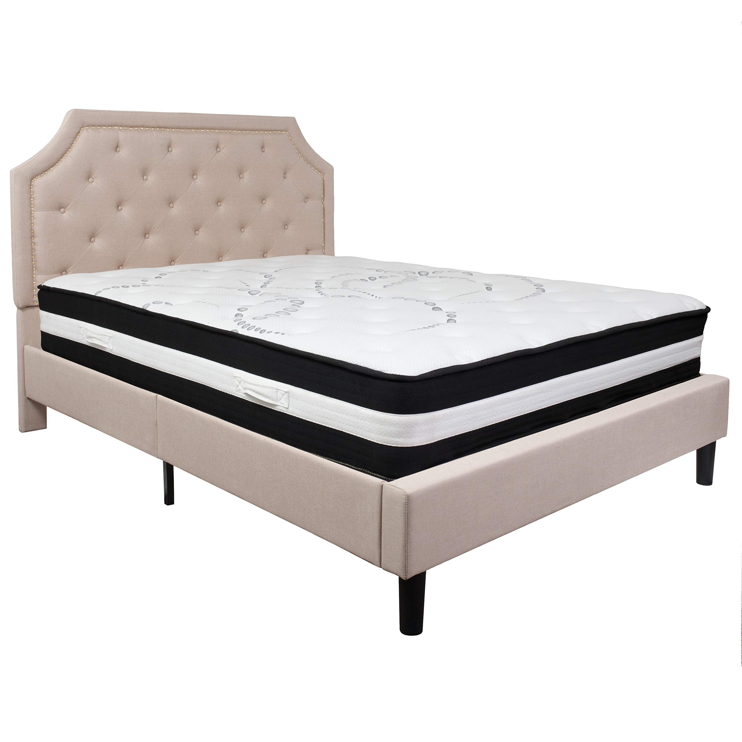 Flash Furniture Brighton Queen Size Tufted Upholstered Platform Bed In Beige Fabric With Pocket Spring Mattress