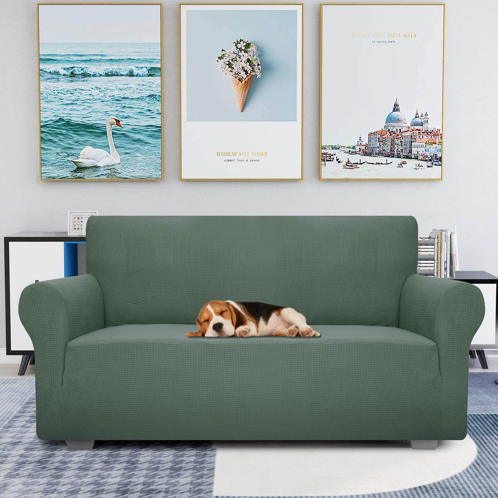 Znsayotx Super Stretch Couch Cover Love Seat Sofa Covers For Living Room Dogs Pet Friendly Furniture Protector Spandex Loveseat Slipcovers With Anti Slip Foam Sticks (Pea Green, Loveseat)