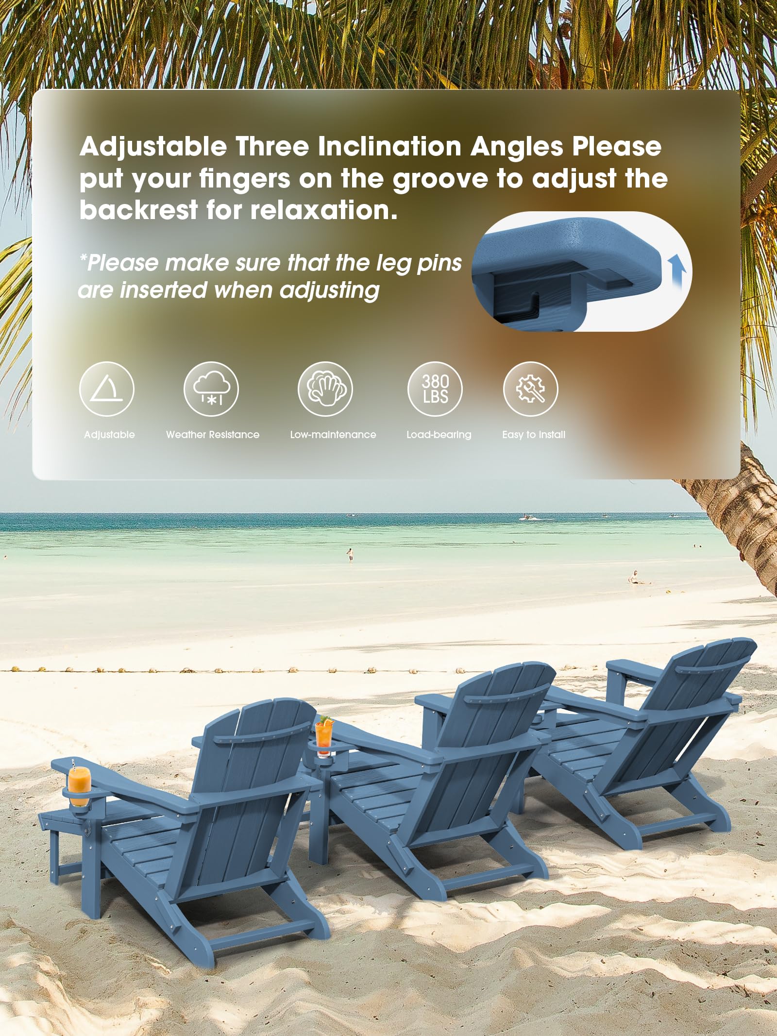 Kingyes Folding Adjustable Adirondack Chair With Retractable Ottoman, Blue