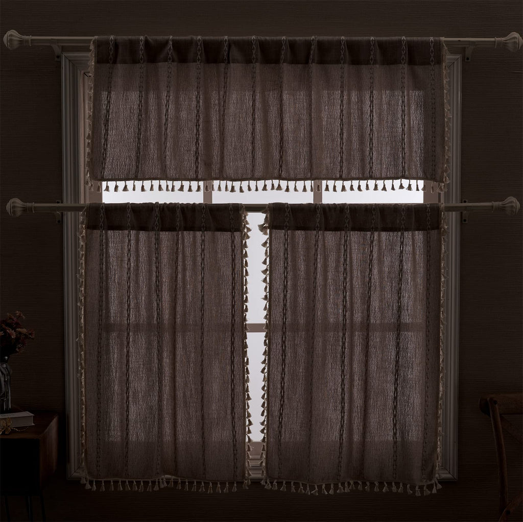 Roomtalks Rustic Farmhouse Kitchen Valances For Windows In Tan, 18’’L X 52’’W Boho Embroidered Striped Vintage Chic French Country Cottage Textured Tassel Curtain Valances For Bathroom Living Room